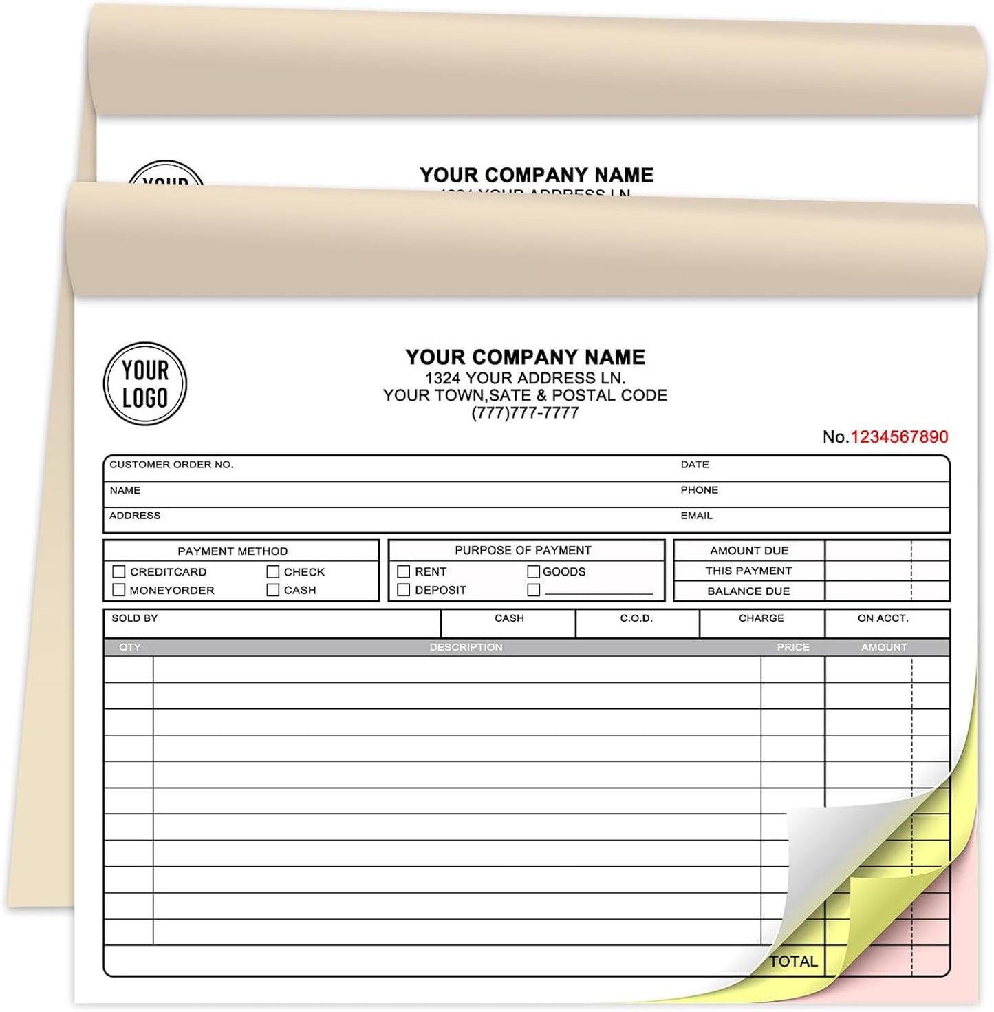 Custom 8.5" x 7" Invoices Receipts Carbonless Books in 3-Part Duplicate Personalized Company Address Name Phone Number 50 Sets