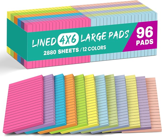 Lined Sticky Notes, 96 Pads, 4x6 Inches, Large Sticky Notes by Taja