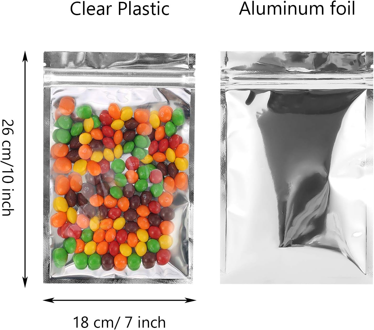 Resealable Mylar Bags | 100 Pcs 7 X 10 Inch | Smell Proof Bag Heat Seal Cute Packaging Foil Food Sealable Small Front Clear Plastic Silver for Storage Candy Beef Jerky Jewerly Product