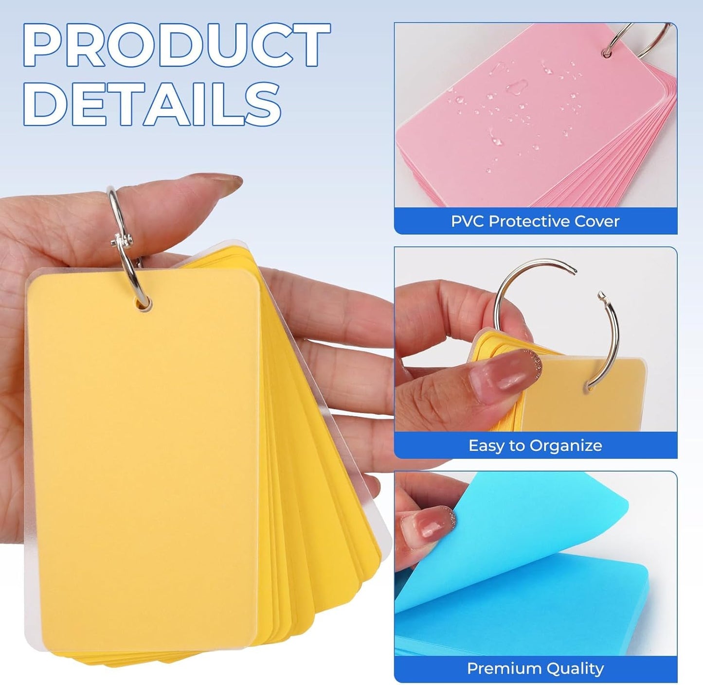 Tecmisse 400 PCS Colored Index Cards with Ring, 2.2 x 3.5 Inch, Small Blank Note Cards with Waterproof Covers,Flash Cards Studying for Office School Supplies