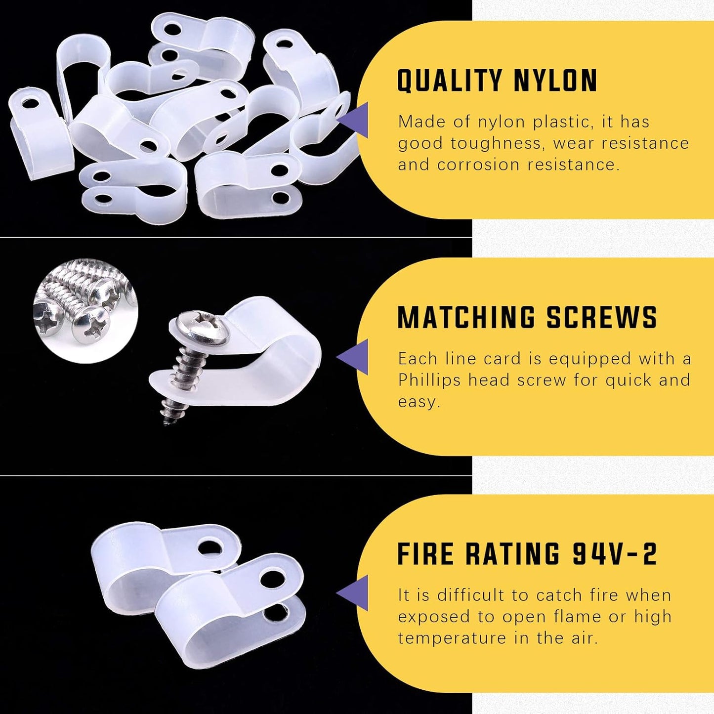 Swpeet 60 Pack White 3/8 Inch Nylon Plastic R-Type Cable Clips Clamp Kit, Nylon Screw Mounting Cord Fastener Clips with 60 Pack Screws for Wire Management (3/8 Inch, White)
