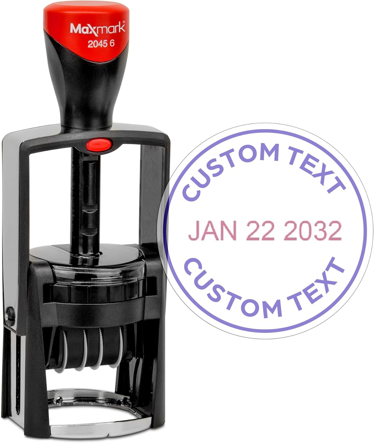 MaxMark Heavy Duty Round Date Stamp with Custom Text, Self Inking Date Stamp - 2045-6 - Choose from Many Font and Color Options