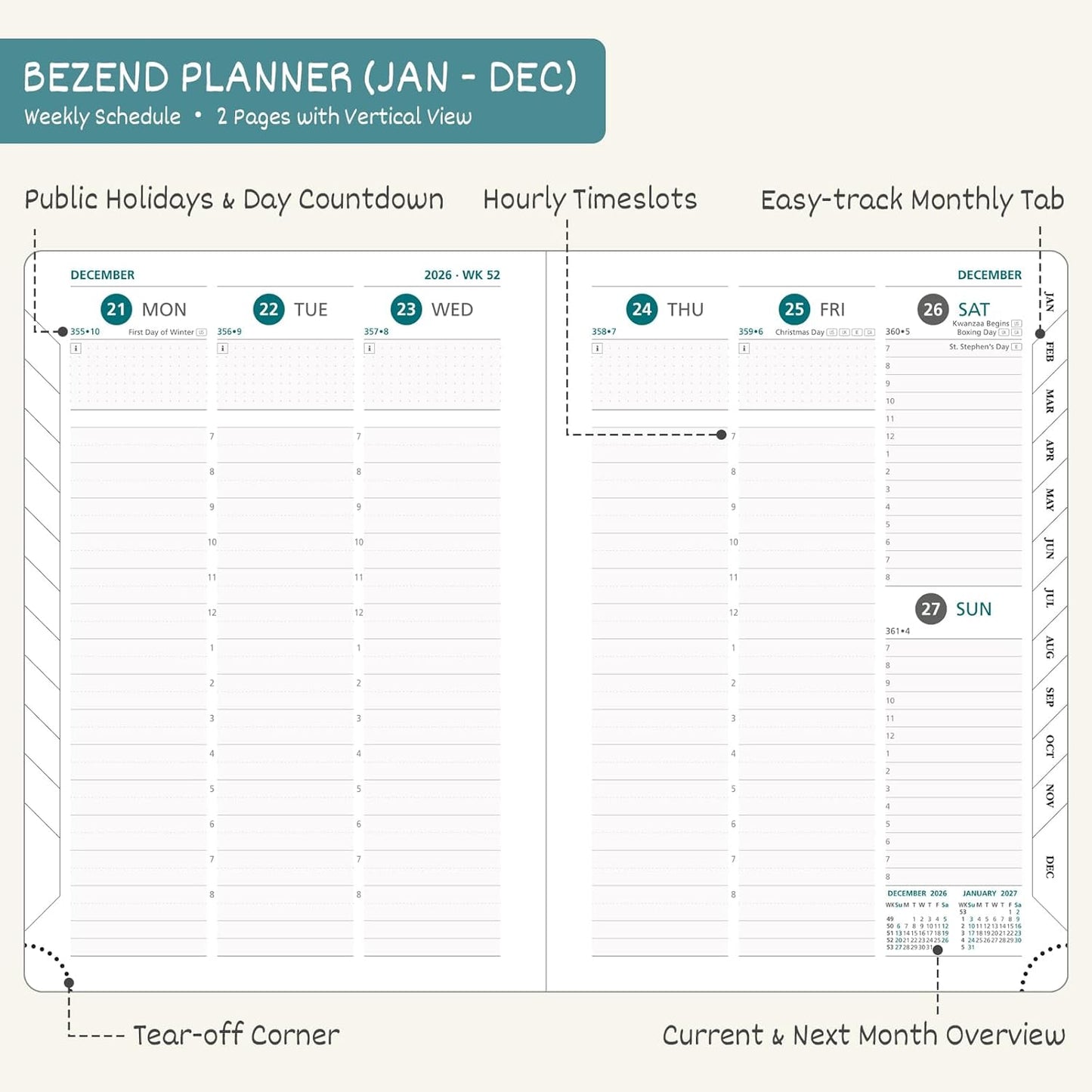 BEZEND 2026 Planner Weekly and Monthly (8.5" x 11") Daily Calendar with Half-Hourly Timeslots & Tab (Jan-Dec) Note & Expenses, Pen Holder, Inner Pocket, Vegan Leather Hardcover - Kiwi