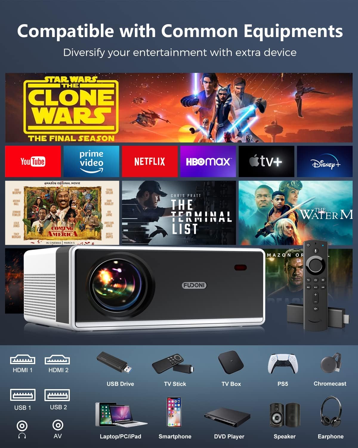 FUDONI Projector with WiFi and Bluetooth, Outdoor Portable 4K Support Projector HD 1080P Max 300" Display Zoom, Movie Video Home Theater Projector Compatible w/HDMI/USB/Phone/Laptop/TV Stick