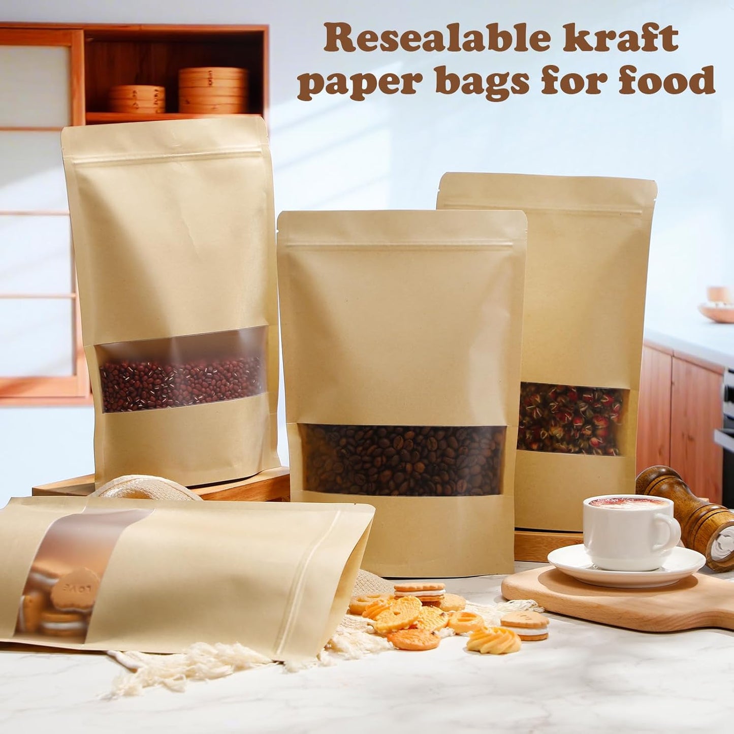 Geosar 150 Pcs Kraft Bags with Window 8.5 x 12.5 Inch Stand up Kraft Pouches Bulk Zipper Paper Pouches Food Storage Reusable Heat Sealable Bags for Packaging Home Business Office