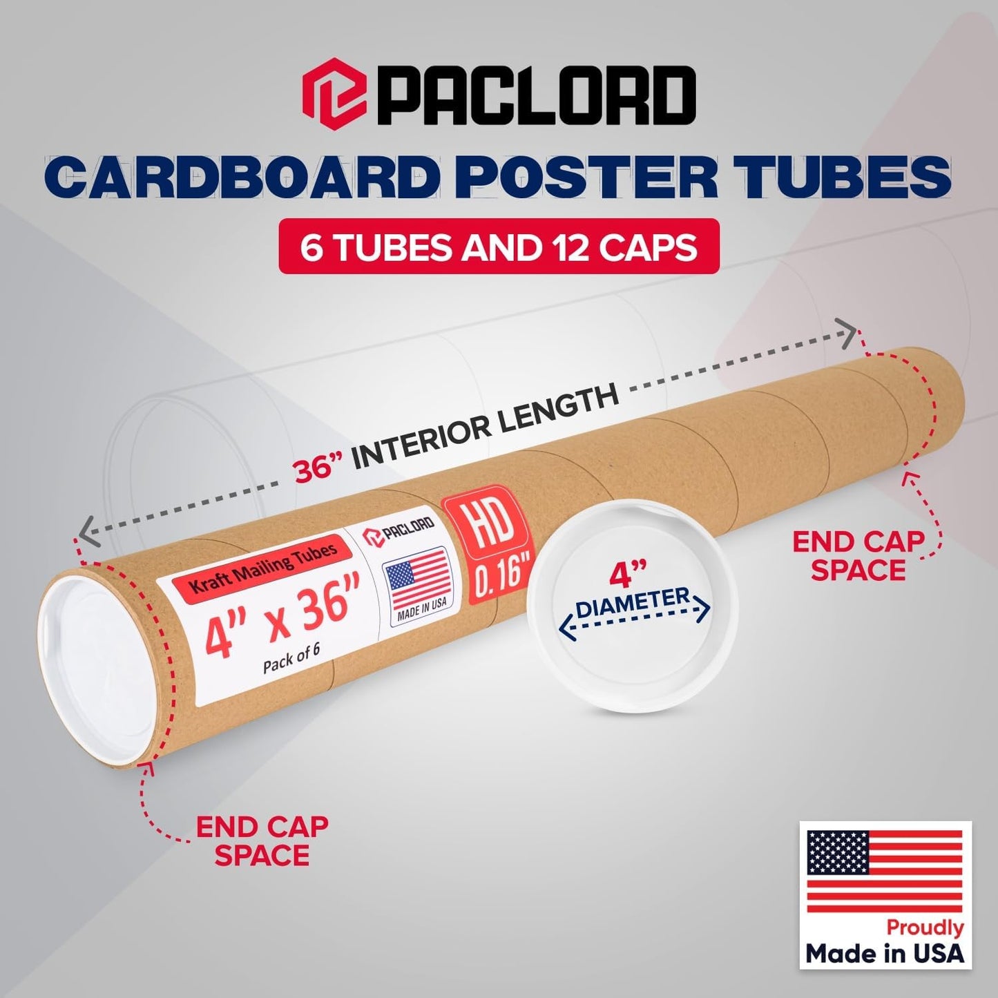 4" x 36" Heavy-Duty Reinforced Cardboard Mailing Tube, Pack of 6 Tubes with 12 Caps – Secure USPS Approved – Great for Shipping and Storing of Prints, Artwork, Posters or Documents