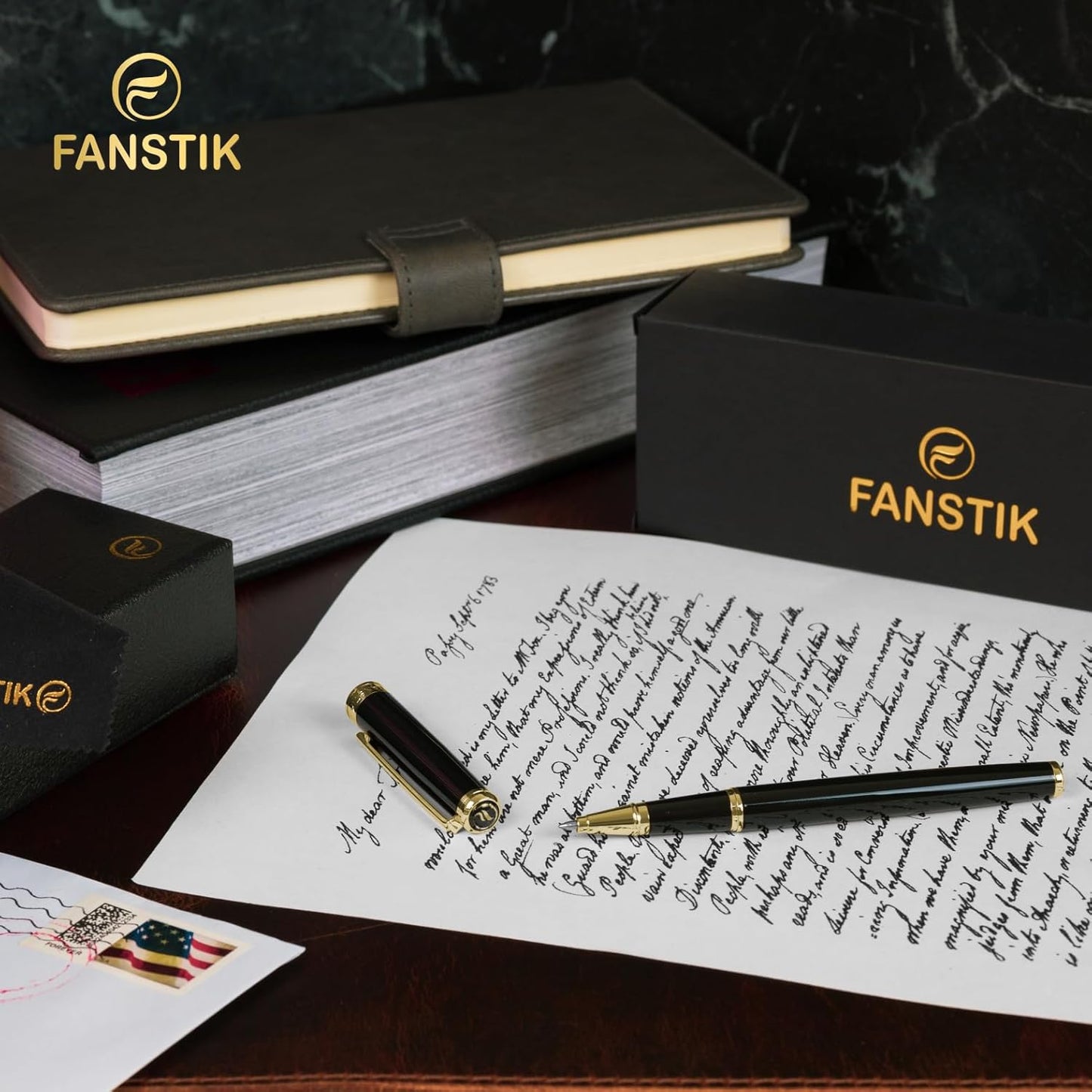 Customized Black & Gold Luxury Rollerball pen (Made In USA) fancy gift set for women, Real 24K Gold Plating, Professional executive pen gift set for men (Lux Custom-Rollerball Black-Gold)