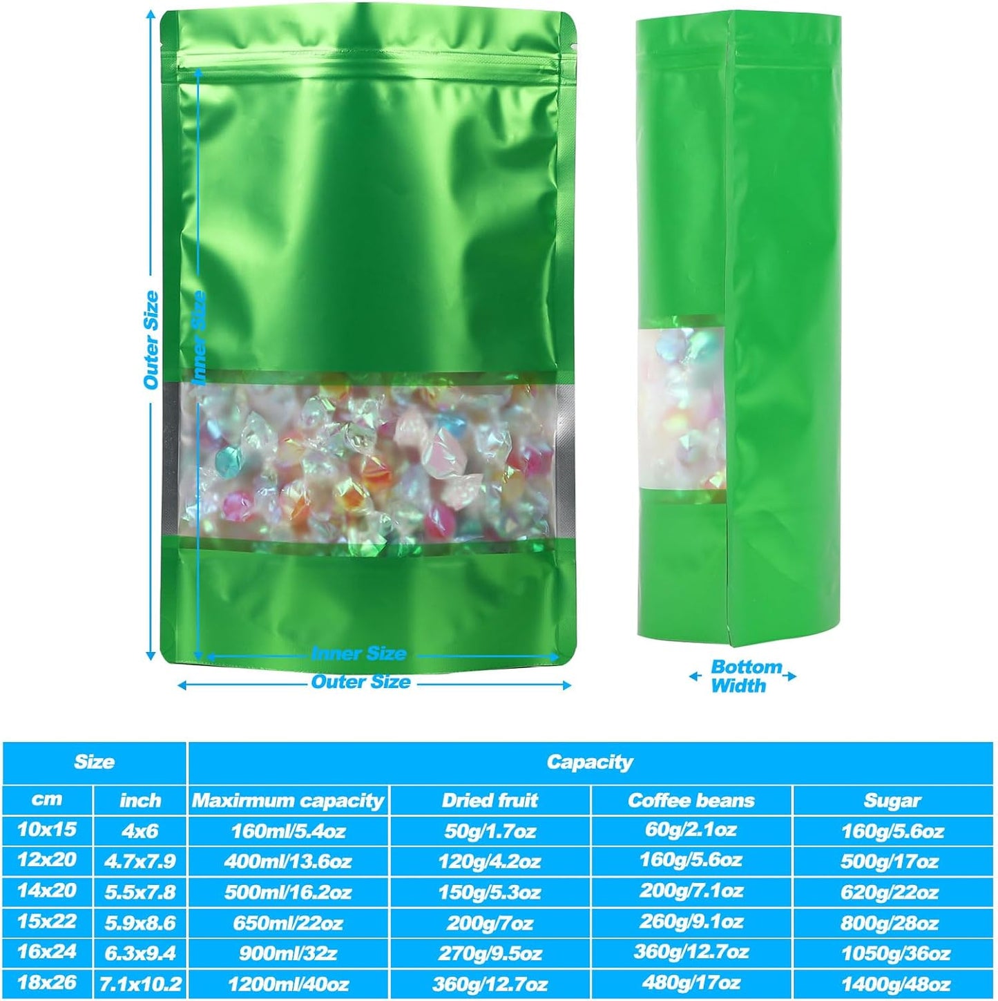 100 Pack Smell Proof Bags, Resealable Mylar Bags with Matte Window, Foil Pouch Stand-up Bags for Food Self Sealing Storage, Scratch Resistant Hand Storage Bags.(Green, 4.7×7.9 Inch)