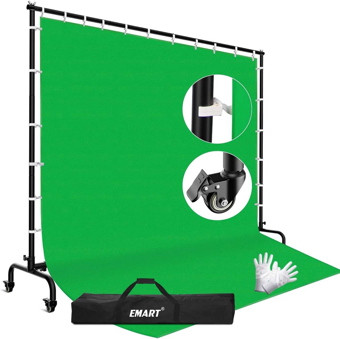 EMART 7x10ft Green Screen Backdrop Kit with Movable Stand, Large 9.5x9.5ft Photography Greenscreen Background Adjustable Frame with Wheels for Photo Shoot, Live Streaming, Video Recording