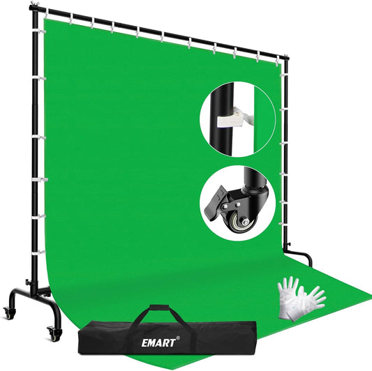 EMART 7x10ft Green Screen Backdrop Kit with Movable Stand, Large 9.5x9.5ft Photography Greenscreen Background Adjustable Frame with Wheels for Photo Shoot, Live Streaming, Video Recording