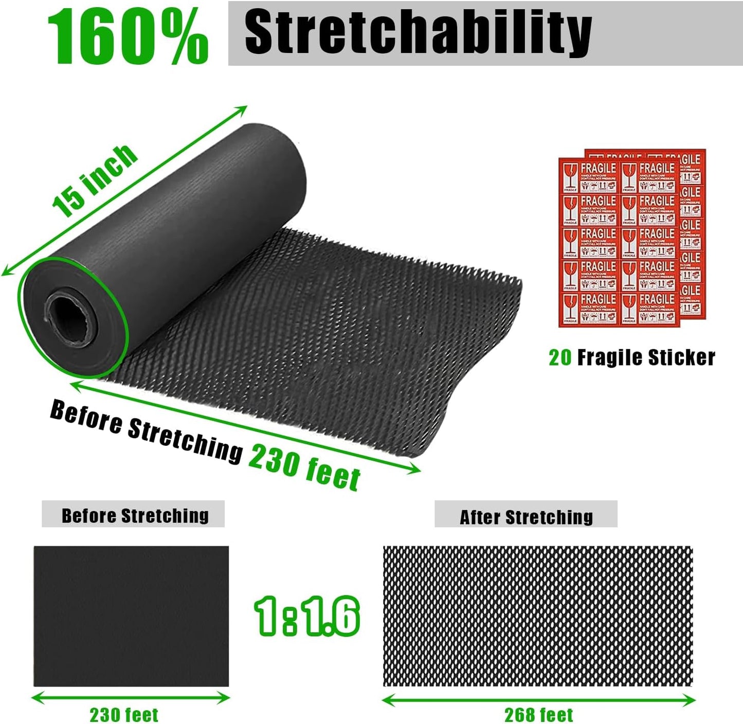 Honeycomb Packing Paper Black, 15"x230' Eco Friendly Packing Materials for Shipping Breakable Recyclable Moving Supplies Paper Bubble Wrap Sheets Roll with 20 Fragile Sticker Labels