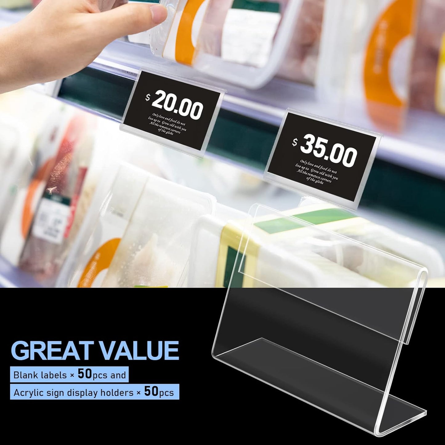 BILLIOTEAM 50pack Mini Clear Sign Display Holder with Blank Labels,3.2*2.2 Inch Horizontal Slanted L-Shape Plastic Name Card Price Card Tag Label Counter Top Stand