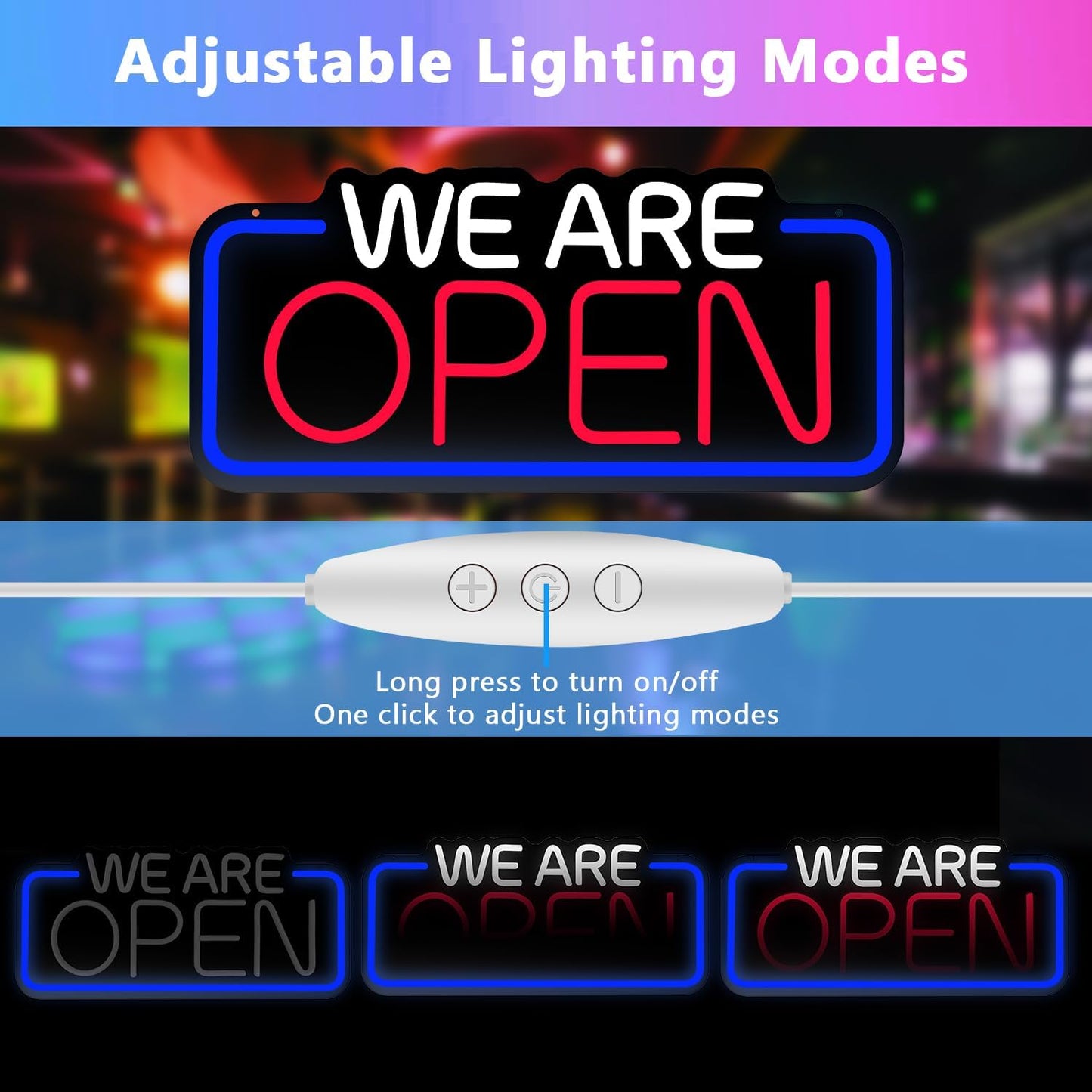 We Are Open Sign, 22" X 10" Bright Led Neon Open Sign, Adjustable Brightness and Blinking Modes, Large Open Signs for Business Bar Restaurant Hotel Storefront Window