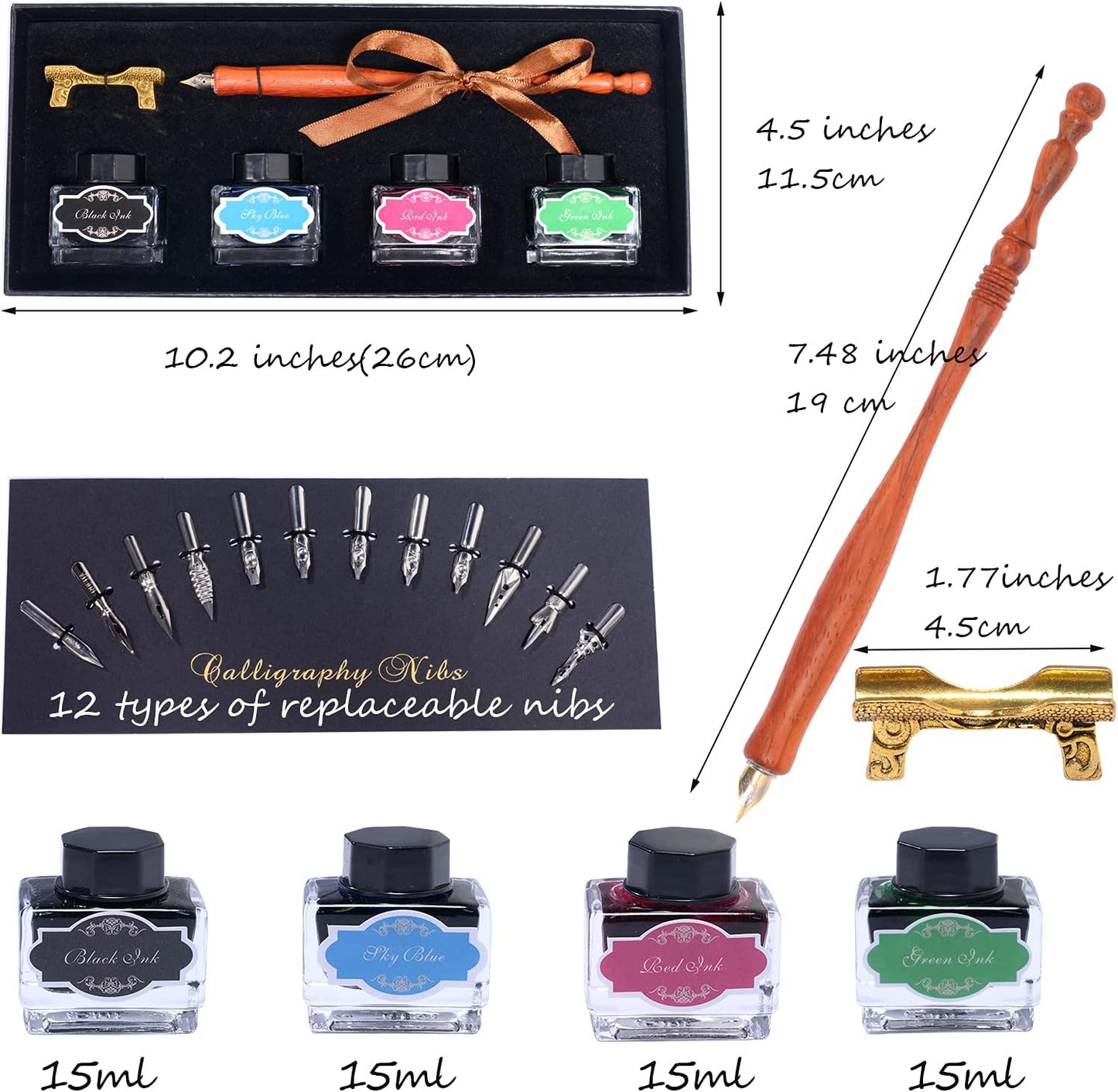 Calligraphy Pen Set，Include Vintage Fountain Pure Wooden Dip Pen for Beginners Writing, 4 Colors Bottles of Ink, 12 Replaceable Nibs, Antique Brass Pen Holder