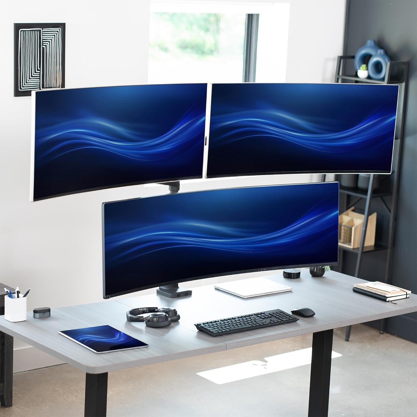 VIVO Pneumatic Arm Triple Ultrawide Monitor Extra Tall Desk Mount for Up to 49 inch Screens, Heavy Duty Clamp, Holds 3 Ultra Wides Up to 44 lbs, Black, STAND-V300D