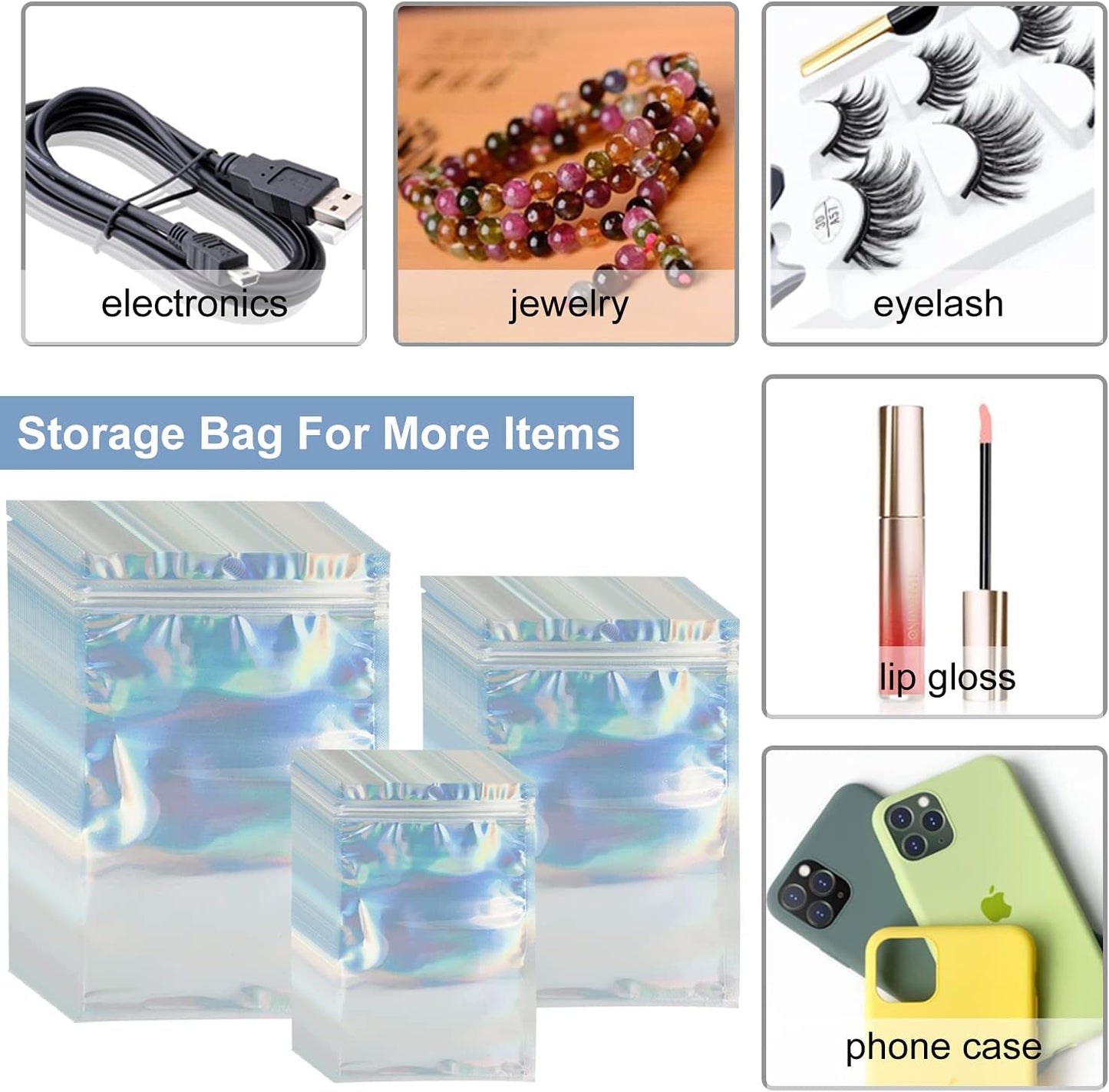 300 Pack 3 Sizes Resealable Mylar Bags Food Storage Smell Proof Bags with Front Window Packaging Pouch for Sample Snack Cookies Jewelry (Holographic, 3 x 4.7 inch,4 x 6 inch,4.7 x 7.9 inch)