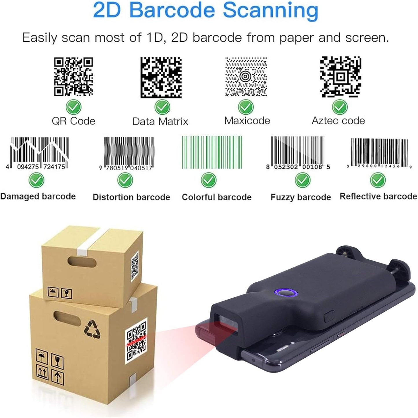 Symcode Portable Barcode Clip with Bluetooth - 1D 2D QR Bar Code Reader, PDF417, Data Matrix, Maxicode, Wireless Connect