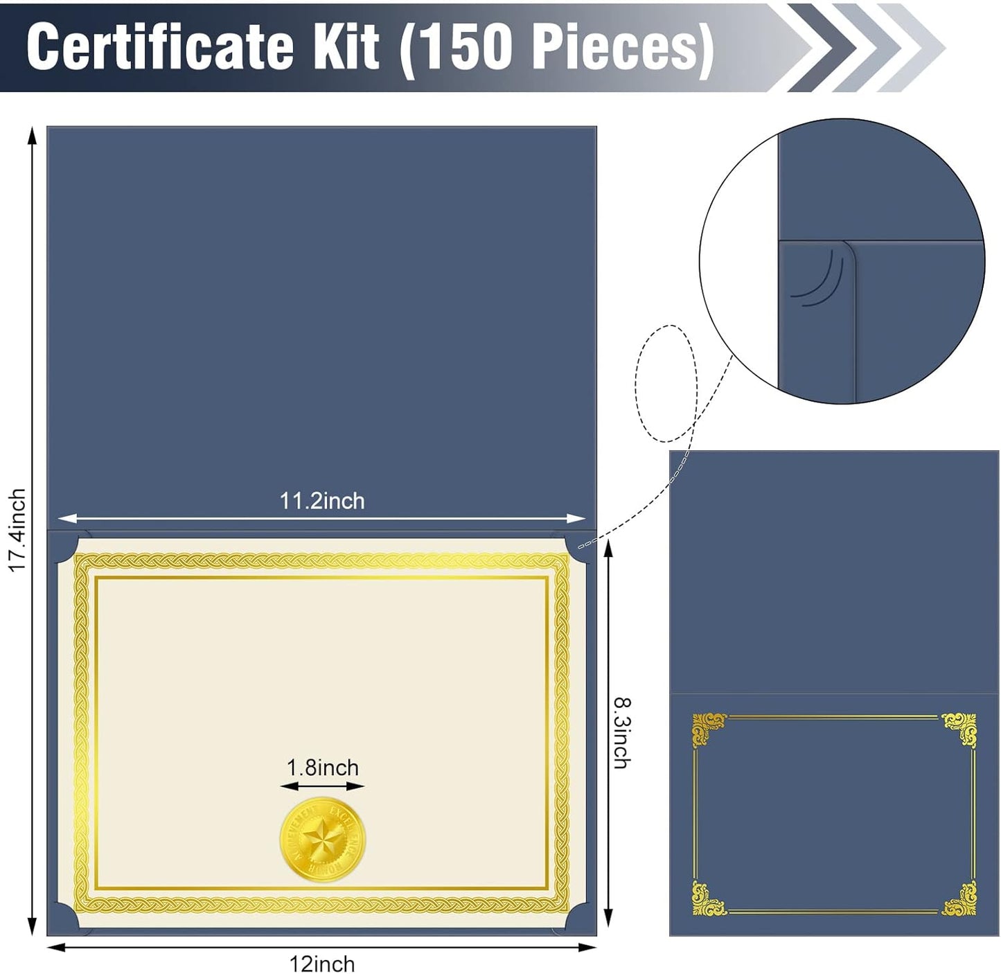 150 Pcs Certificate Kit Include 50 Pcs Certificate Holders Diploma Covers 50 Pcs Certificate Paper with Gold Foil Border and 50 Pcs Embossed Certificate Seal for Graduation, Achievement (Blue)