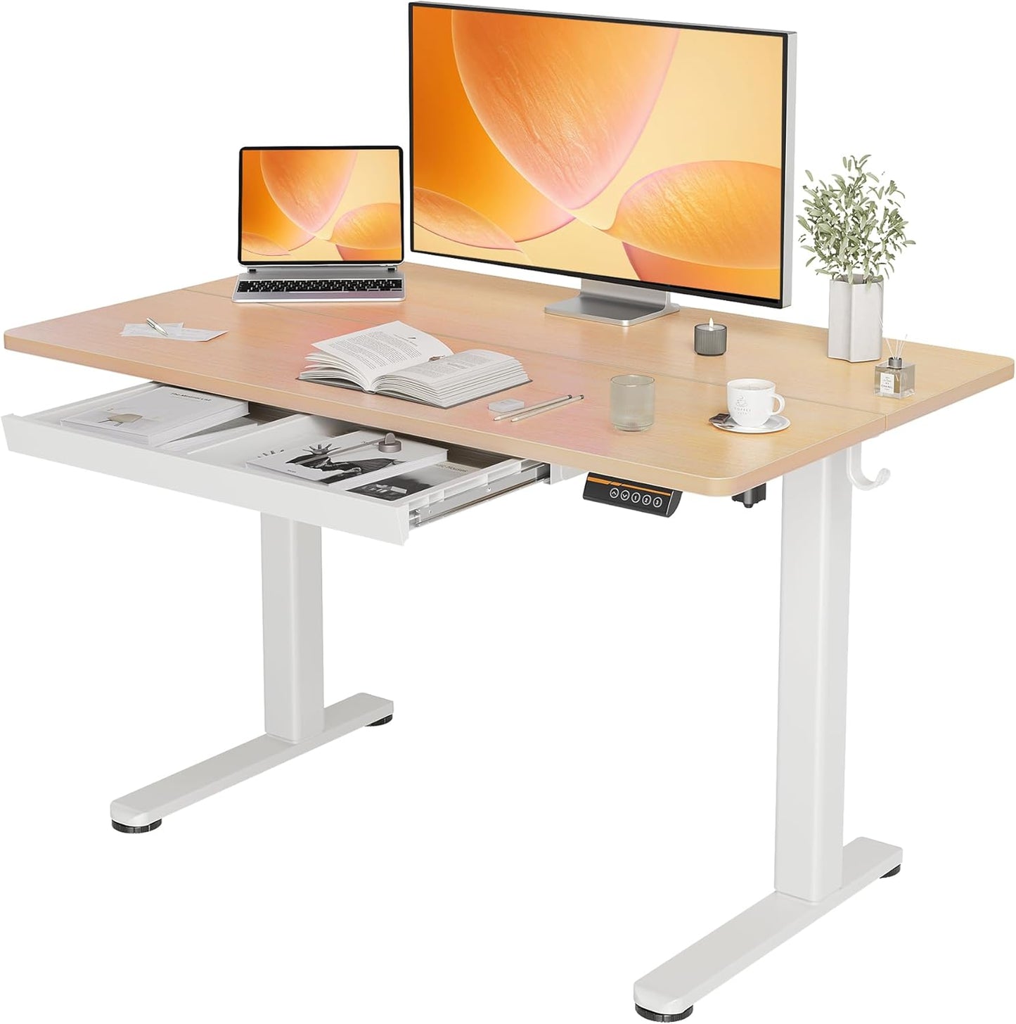 YDN Standing Desk with Drawers, Height Adjustable Desk 48 x 24 Inch, Electric Sit Stand Home Office, Natural