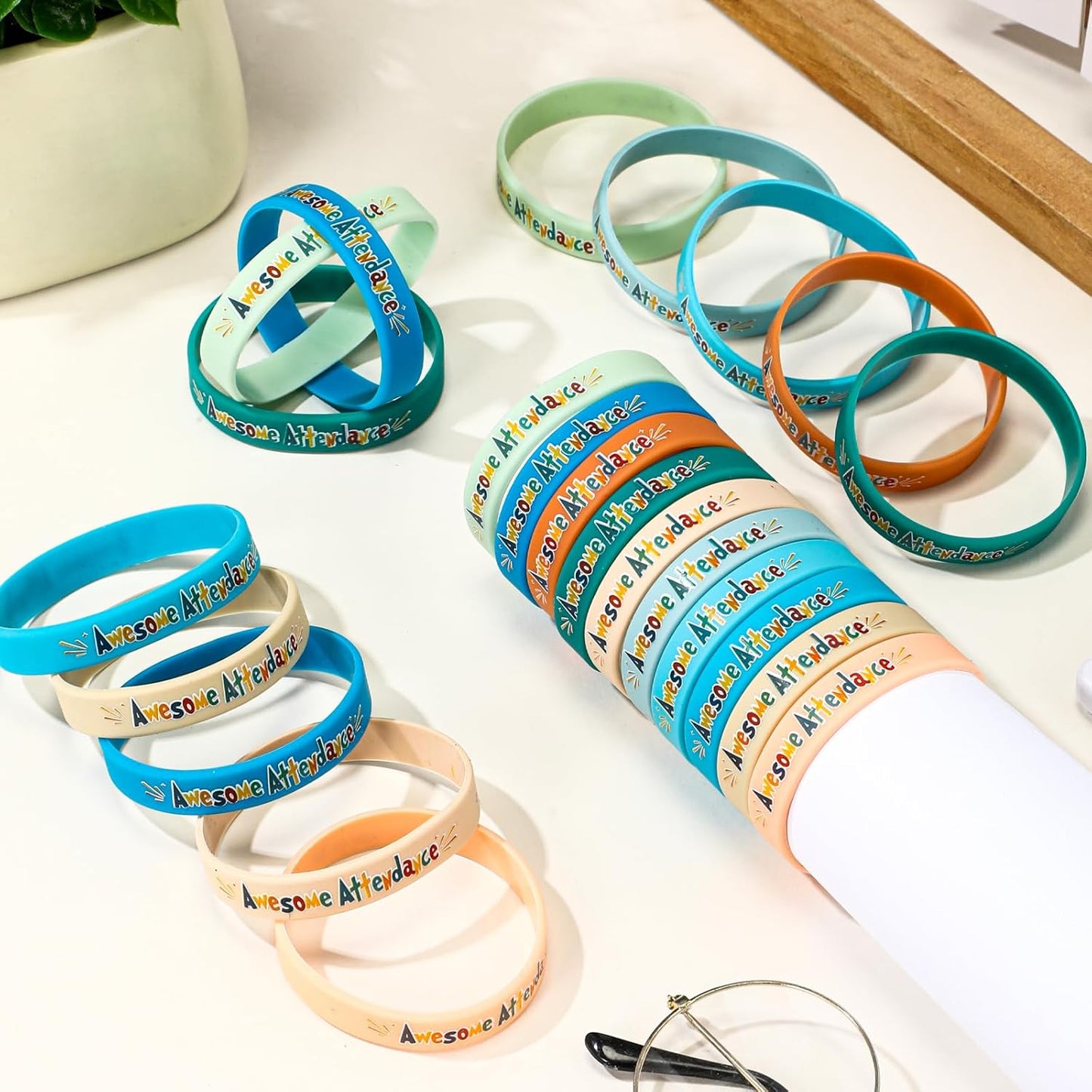 30 Pcs Awesome Attendance Wristbands for Students, Perfect Attendance Awards for Classroom Prizes, Unisex Stretch Silicone Motivational Wristbands for Student from Teacher Classroom Prizes