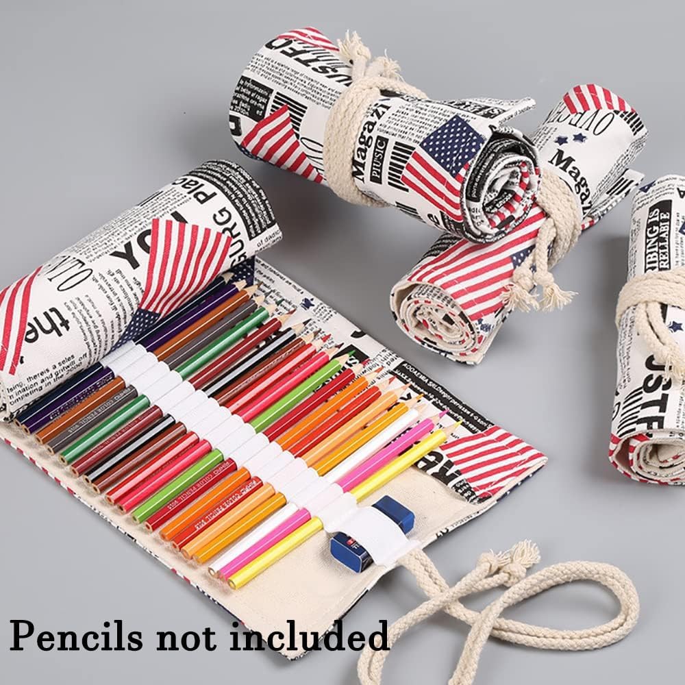 DIYOMR 24/36/72 Slots Pencil Wrap Pencil Rolls, Artist Colored Pencils Roll Up Bag Short Brushes Pouch Case Pencils Organizer for Drawing Coloring and Sketching, NO PENCILS (Flag, 24slots)