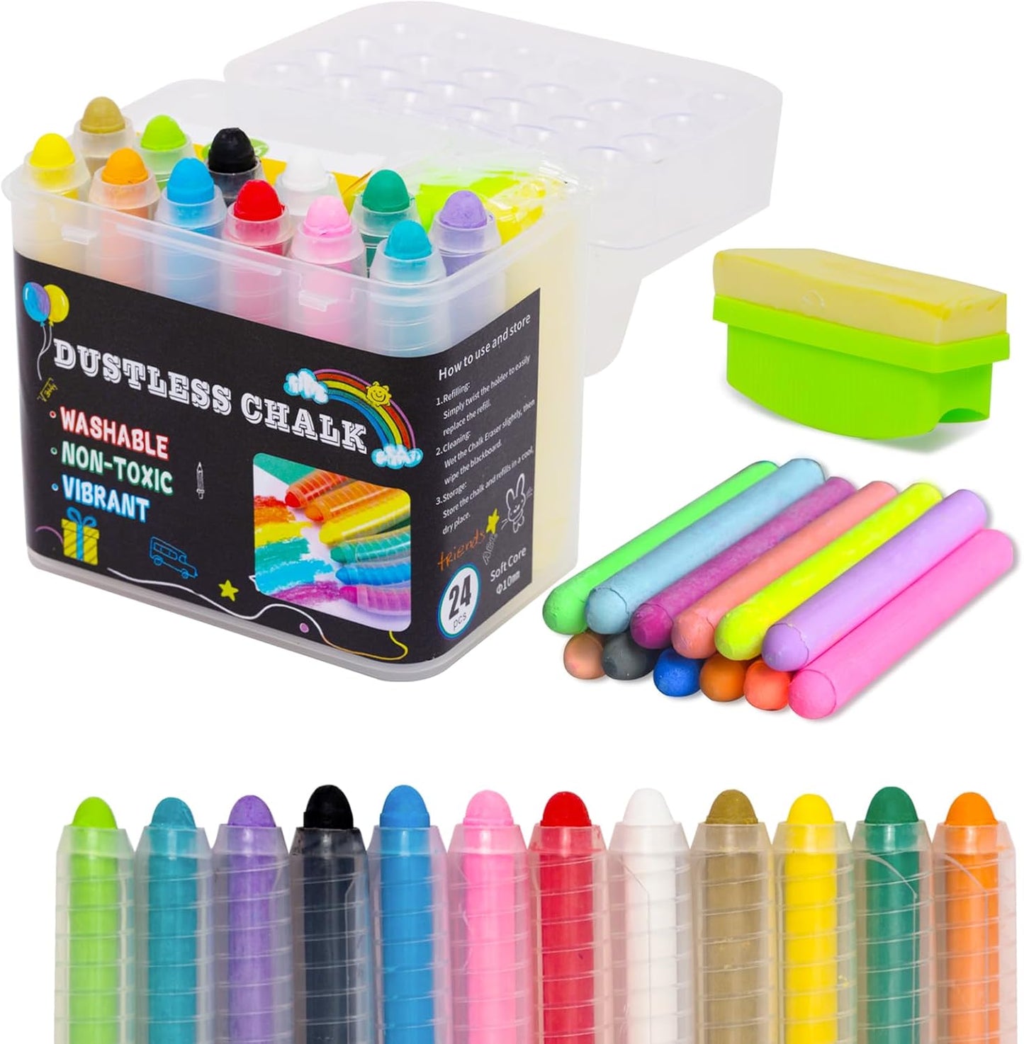 Dustless Chalk Set for Kids, 12 Chalks with Twistable Holder+12 Refills+Wet Wipe Eraser, Non-Toxic Washable Chalkboard Toddlers Chalk, for Blackboard Drawing Writing and Sidewalk Creativity