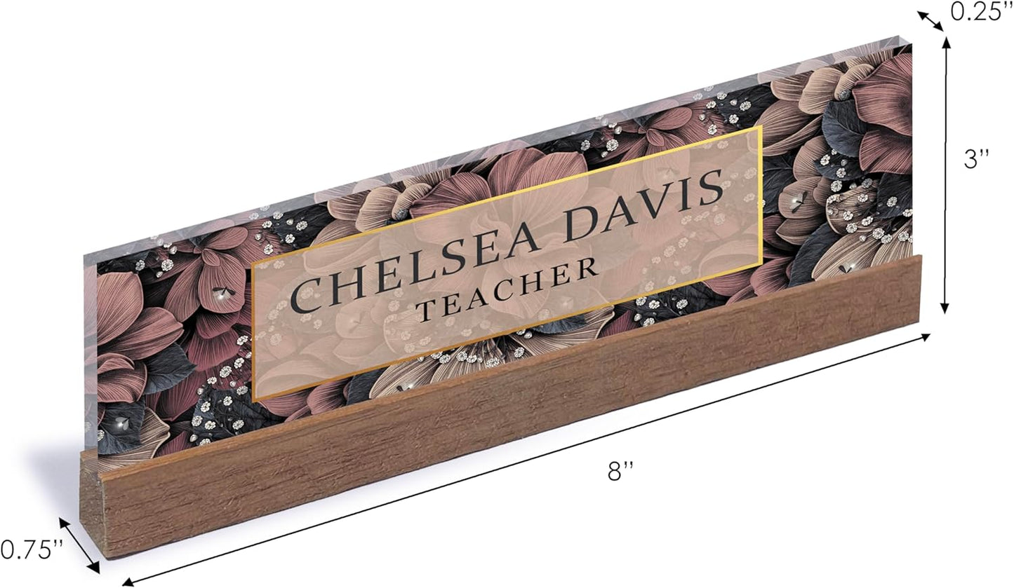 ARTBLOX | Office Personalized Name Plate Women Flower Design On Clear Acrylic Glass for Desk with Business Card Holder