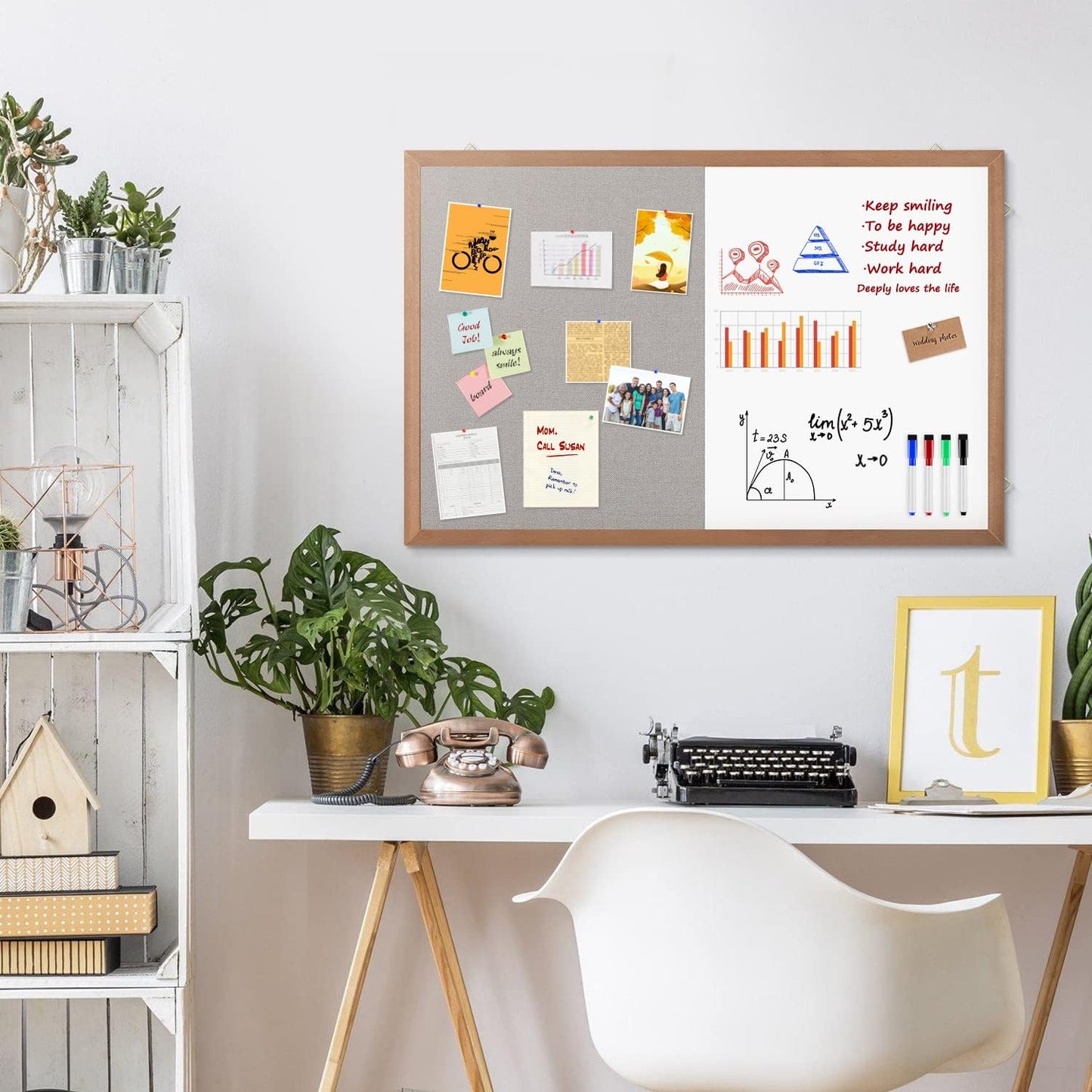 Grey Felt Bulletin/Dry Erase White Combo Board, 36" X 24“ Combination Whiteboard/Bulletin Board, Pin Board with Natural Wood Frame…