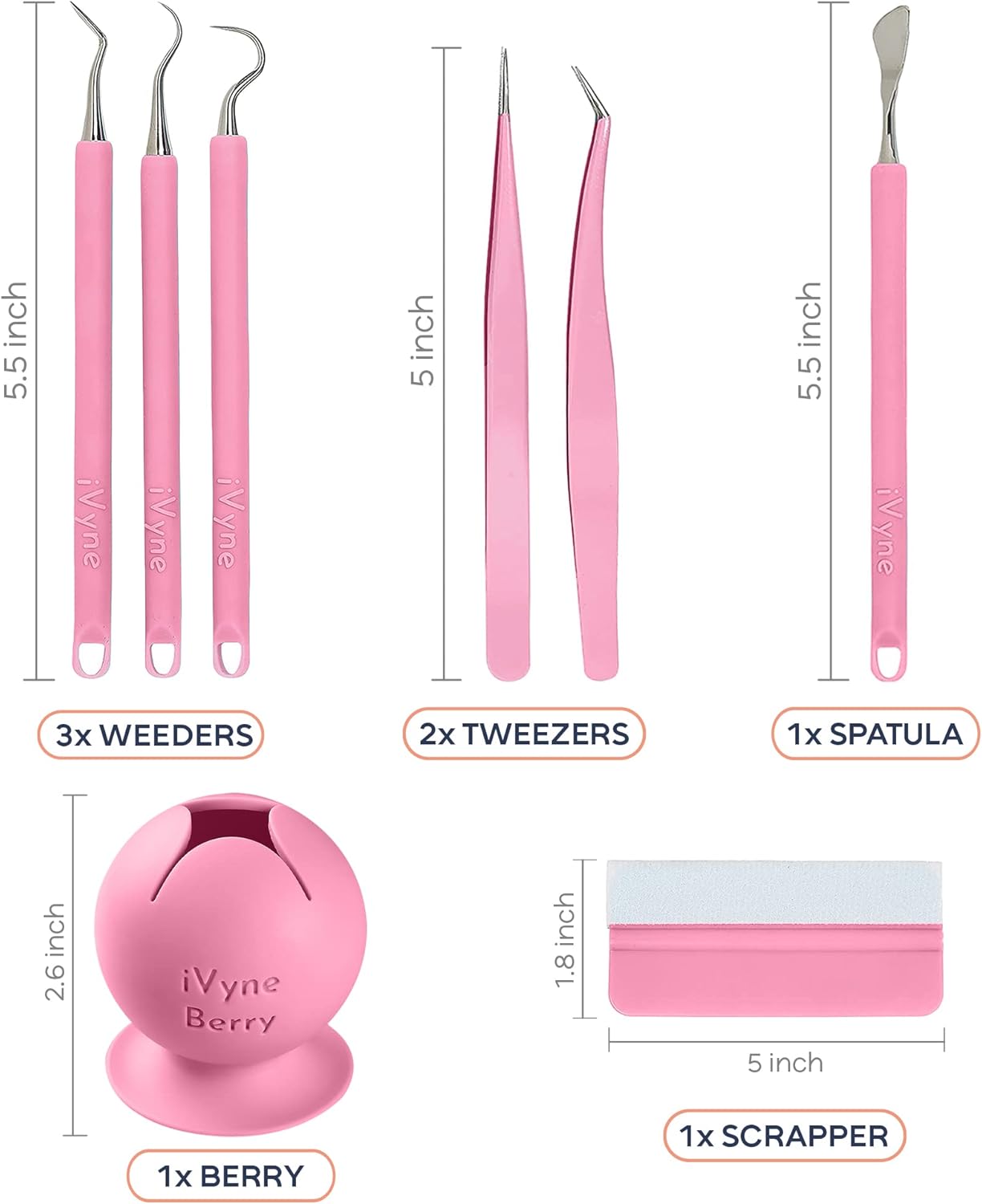 iVyne (8pcs) Premium Vinyl Weeding Tool Kit & Weeding Scrap Collector Soft Grip Tools with Berry, Weeder, Tweezers, Picker Or Hook, and Scraper Set for Silhouette Cameos & Cricut - Pink