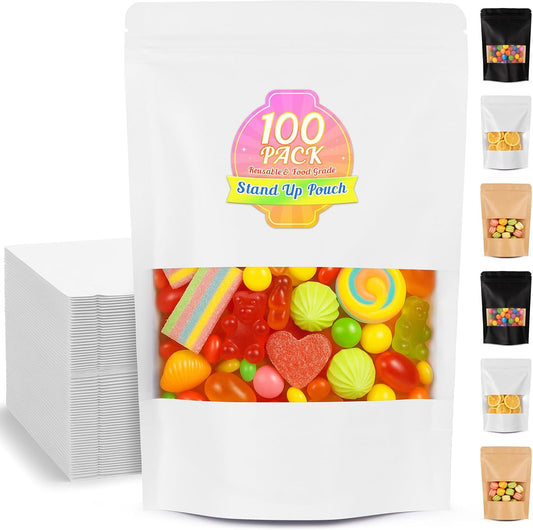 Food Bags 100 Pack Granola Trail Mix Bags Mylar Bags with Window Resealable Mylar Stand Up Pouches Wax Melt Candy Bar Tea Packaging Beef Jerky Chip Bag Bolsas para Carne Seca (5.5"x7.9")