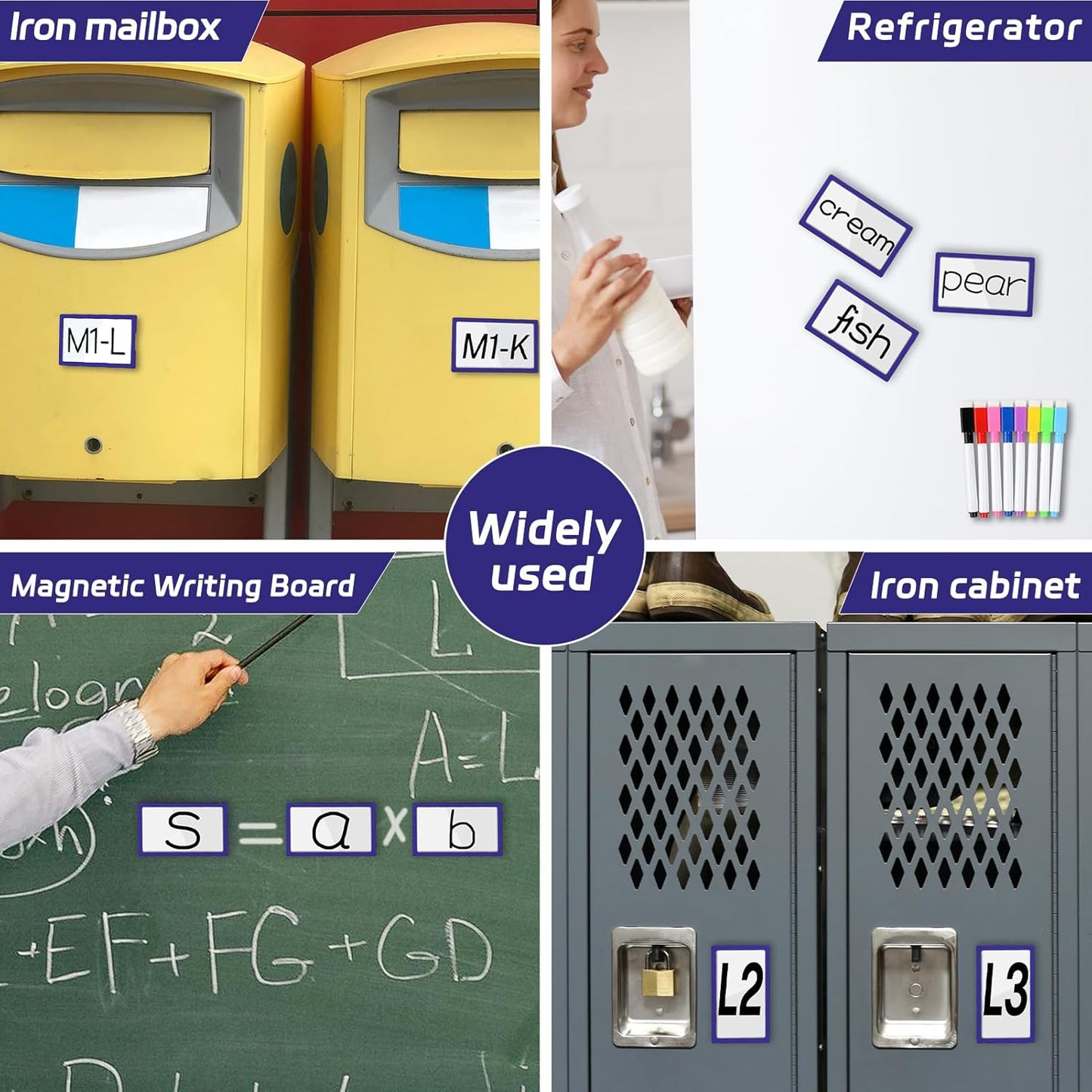 20Pcs Magnetic Plastic Label Holder 2x4 inch for Supermarket Store Price Tag, Metal Shelf File Storage Cabinet Drawer Label Tag Resuable with 8 Color Chalk Makers, 20Pcs White Paper (Blue)
