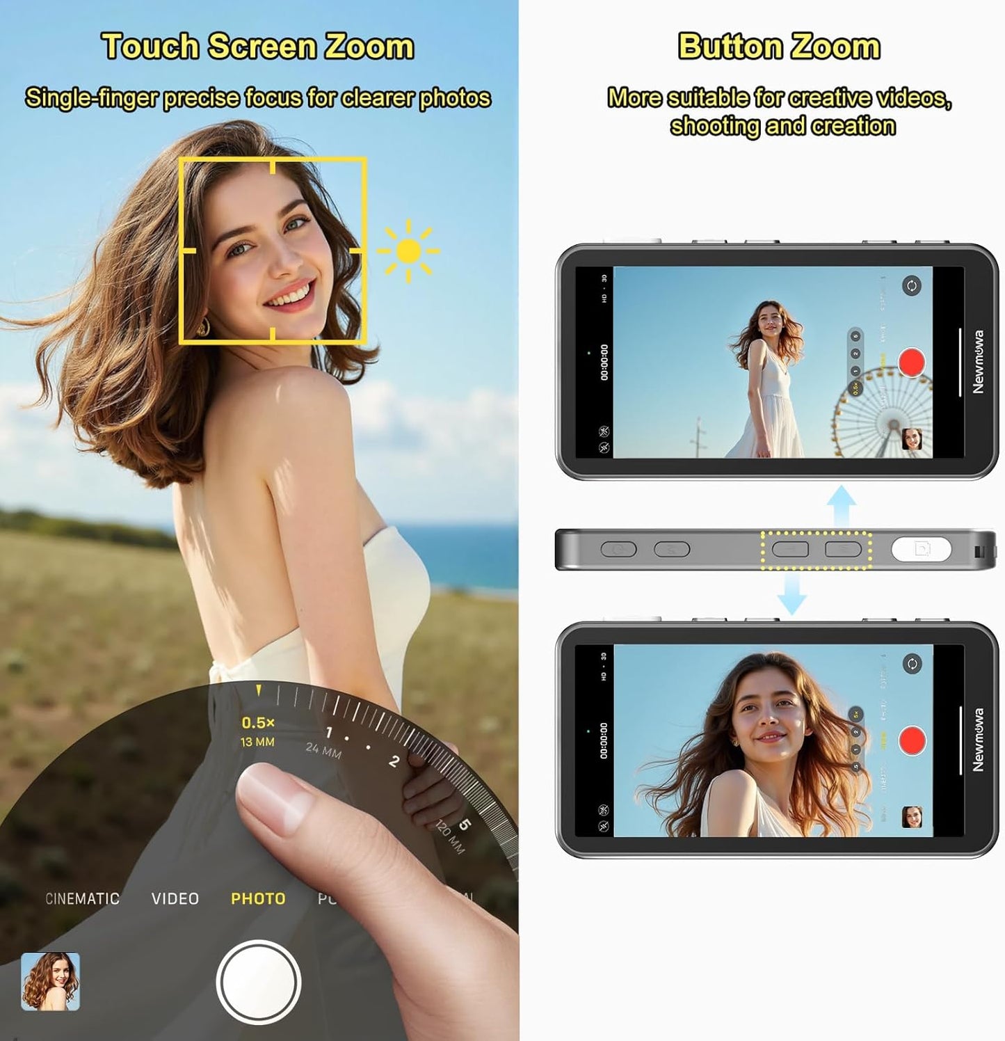 Newmowa Touchscreen Phone Vlog Selfie Monitor Screen, Magnetic Wireless Back Camera Selfie Monitor with Focus Adjustment ONLY for iPhone, Support 4K 30fps Wireless Recording for iPhone 15/16(Grey)