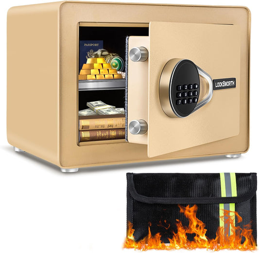 Safe for Home, Small Safe with Fireproof Bag, Removable Shelf, 1.0 Cubic Feet Digital Electronic Security Money Box for Cash, Document, Home, Office, Hotel Use, Champagne Gold，9.84"Dx 13.78"W x 9.84"H