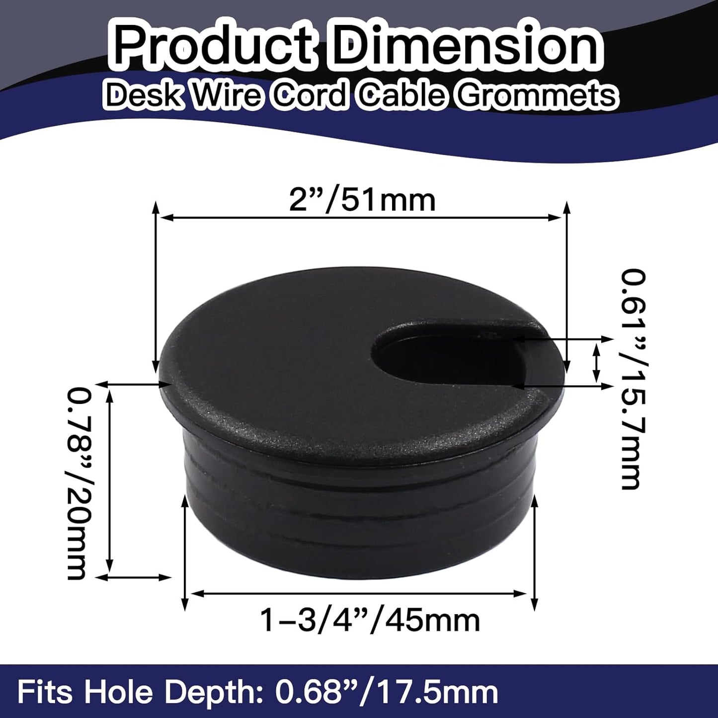 2pcs 1-3/4 Inch Desk Grommet, Plastic Desk Hole Cover, Black Cable Hole Cover, Desk Hole Grommet for Wire Cord Organizing Office Computer Desk