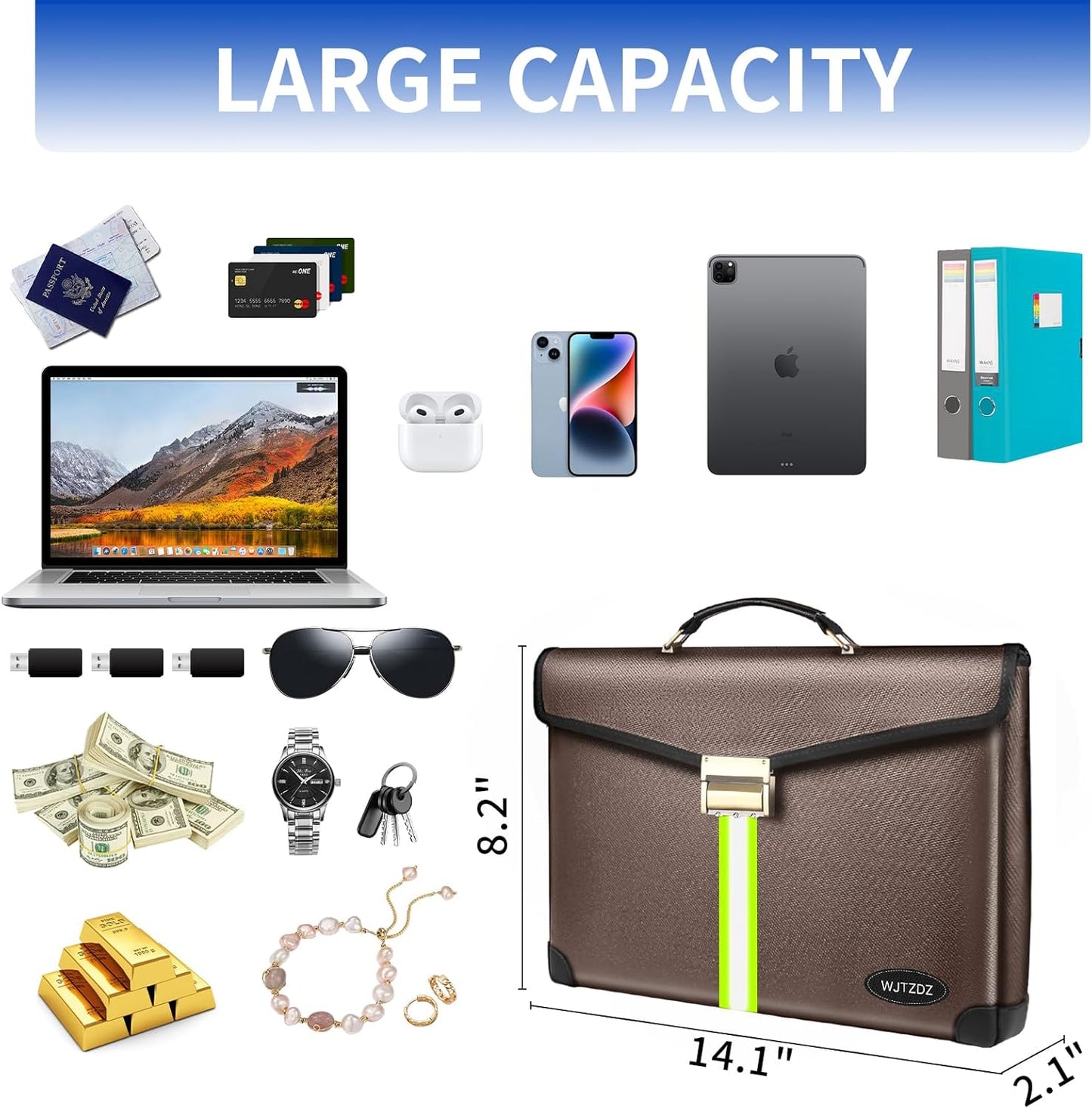 6500°F Fireproof Document Bag with Lock,Upgraded Large Capacity Fireproof/Waterproof Money Bag with Zipper/Reflective Strip,Storage Pouch for A4 Letter Size Document,Cash,Cell Phone,Passport