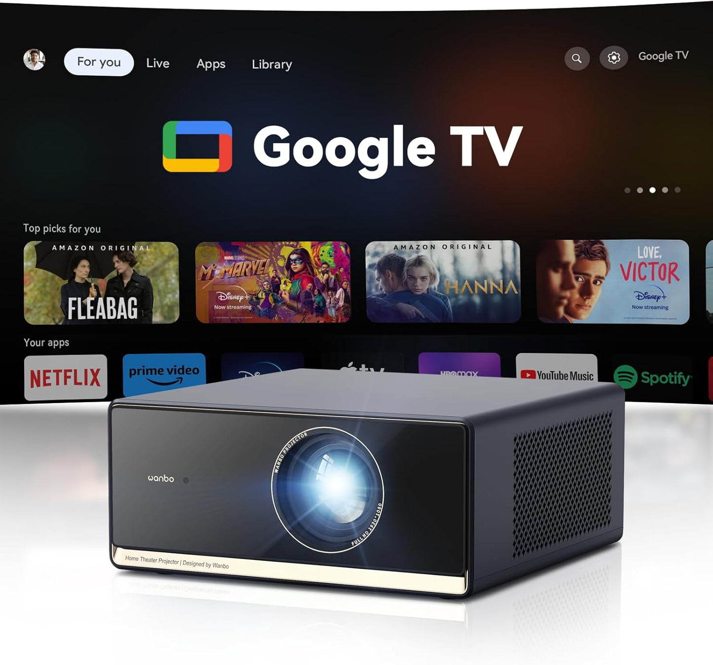 Wanbo X5 Pro Google TV Projector 4K Supported, 1100 ANSI Smart Projector with WiFi and Bluetooth, Outdoor & Home Movie Proyector, Auto Focus & Keystone, HDMI 2.0, Voice Control, HDR10 (2025 Upgraded)