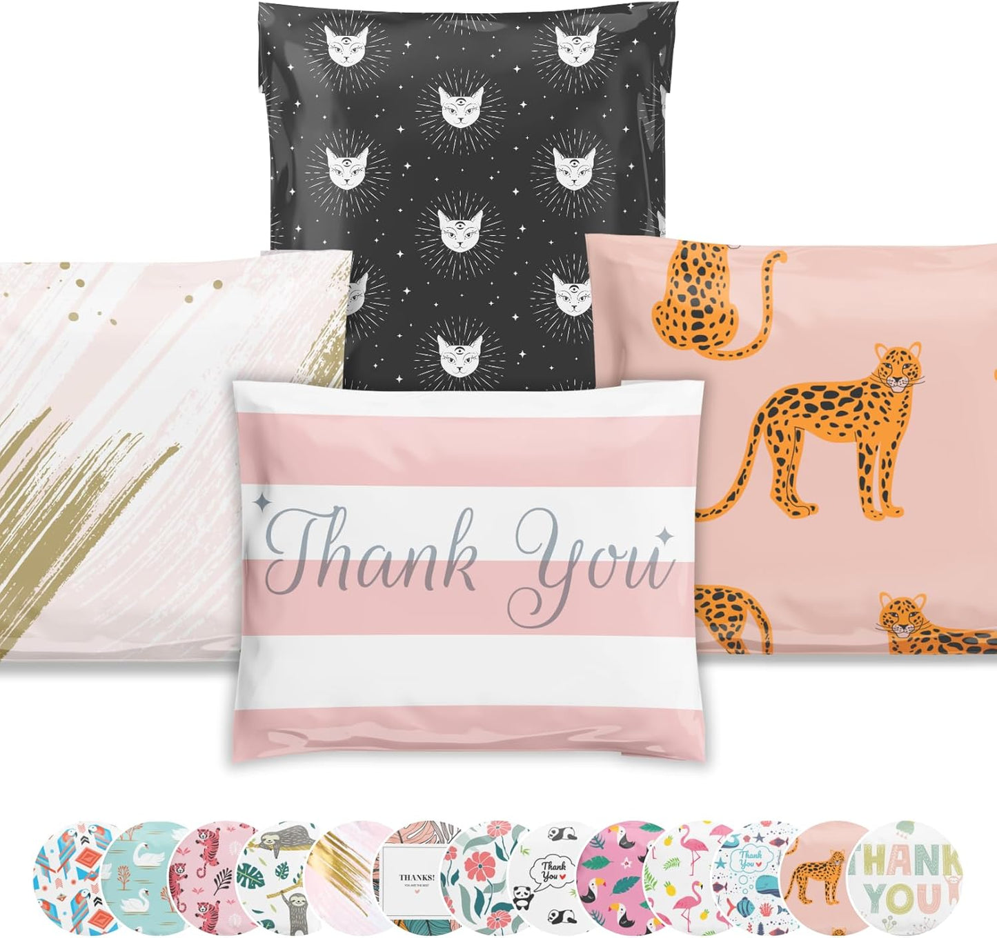 Poly Mailers 12.5x15 50 Pack | Self-Sealing Shipping Bags Envelopes for Small Business | Waterproof Durable Packaging | Variety Sample Pack | Thank You Floral Cat Gold | à la mode Mailers