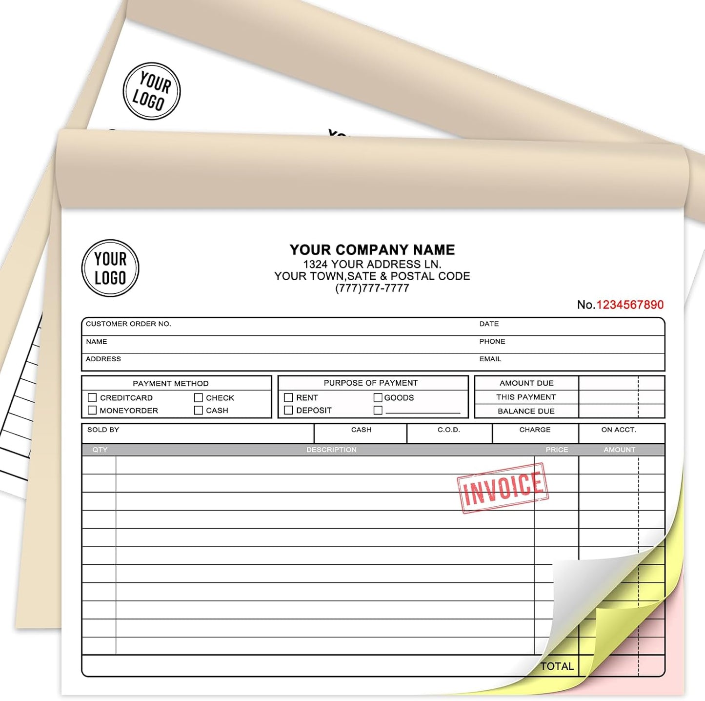 Custom Sales Invoice Personalized Carbonless NCR Forms with Company Name/Logo Personalized Invoice, Receipt Book, Work Sales Purchase Orders, Estimates, Quote Forms 8.5" x 7" - 3 Part(150 Sets)