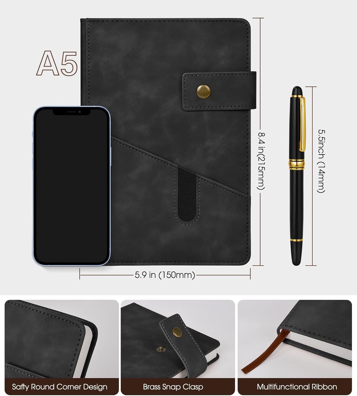A5 Lined Leather Journal Notebook,Hardcover Journal Set with Pen and Gift Box,100Pages 100gsm Thick Ruled Paper Daily Diary for Men Women School,Travel,Business,Work,Writing 5.9" X 8.4"