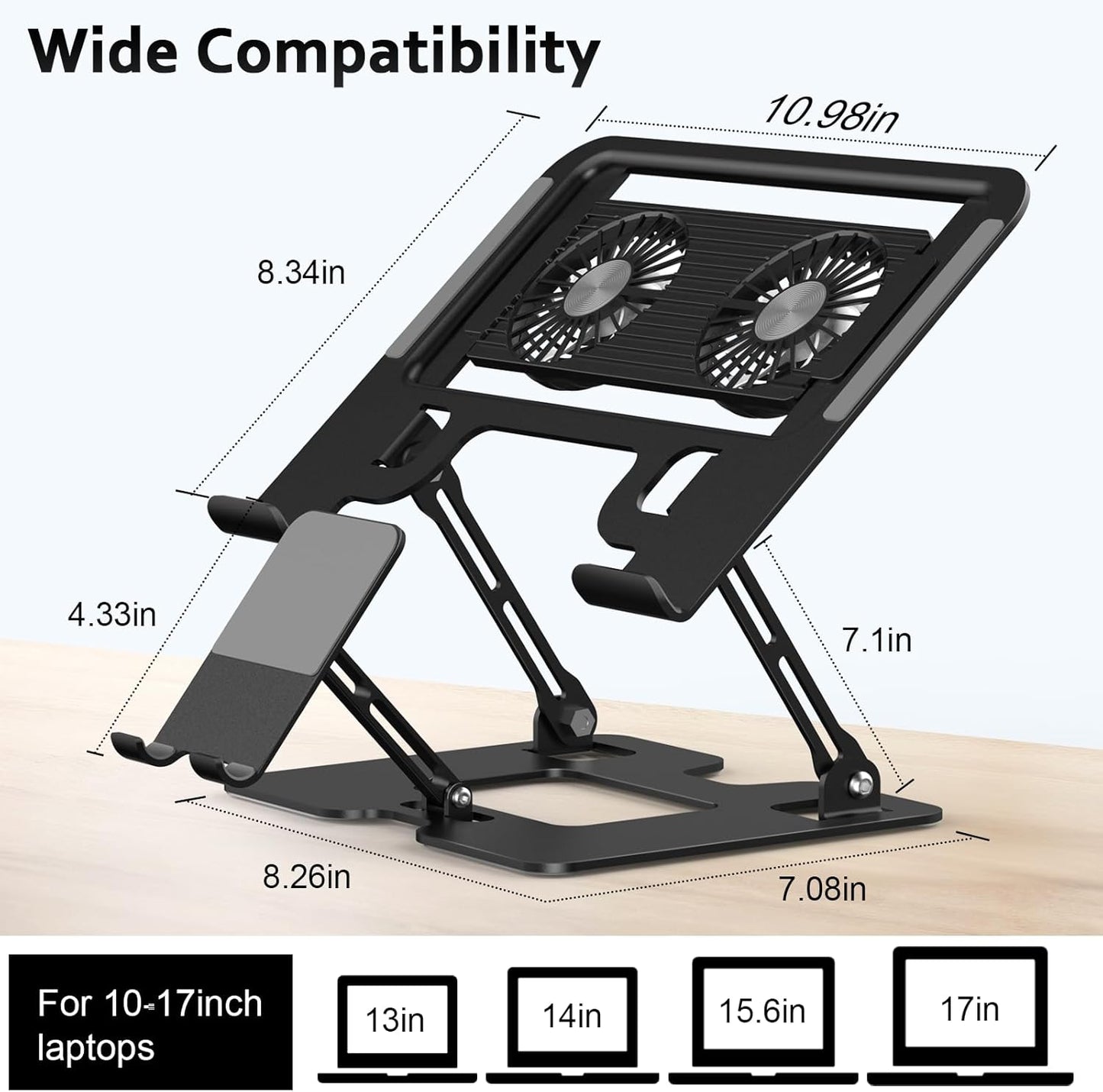 Laptop Stand with Fan, MacBook Cooling Stand with 2 Removable Silent Fans and Phone Holder,Adjustable Height and Angle,Laptop Cooling Pad for 10-18 Inch Laptop,MacBook Pro,Tablet (Black)