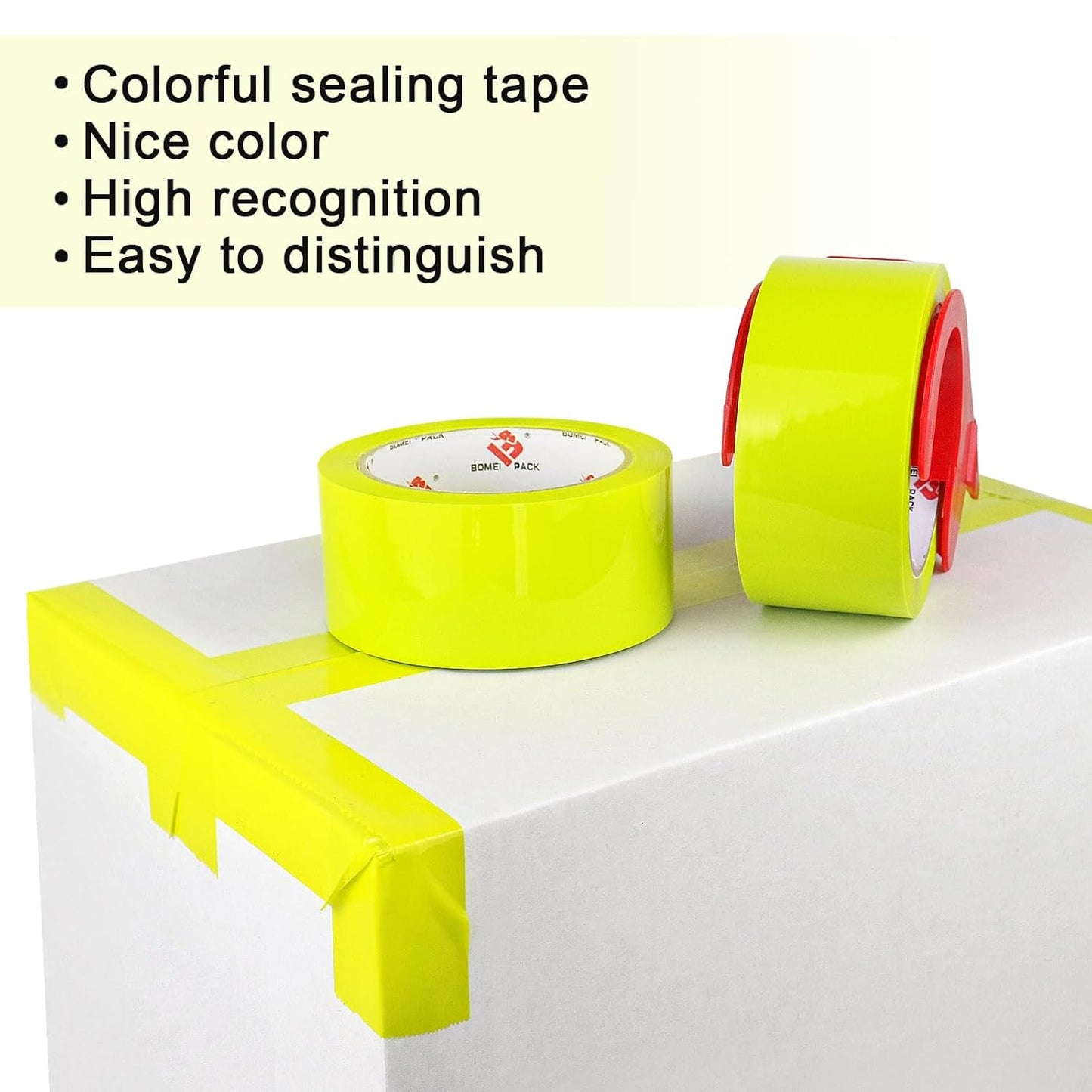 BOMEI PACK Heavy Duty Colored Packing Tape with Dispenser 1.88 Inch x 60 Yards (Yellow) 6 Rolls, 2.4 mil Industrial Grade Packaging Tape for Shipping, Moving, Mailing & Storage