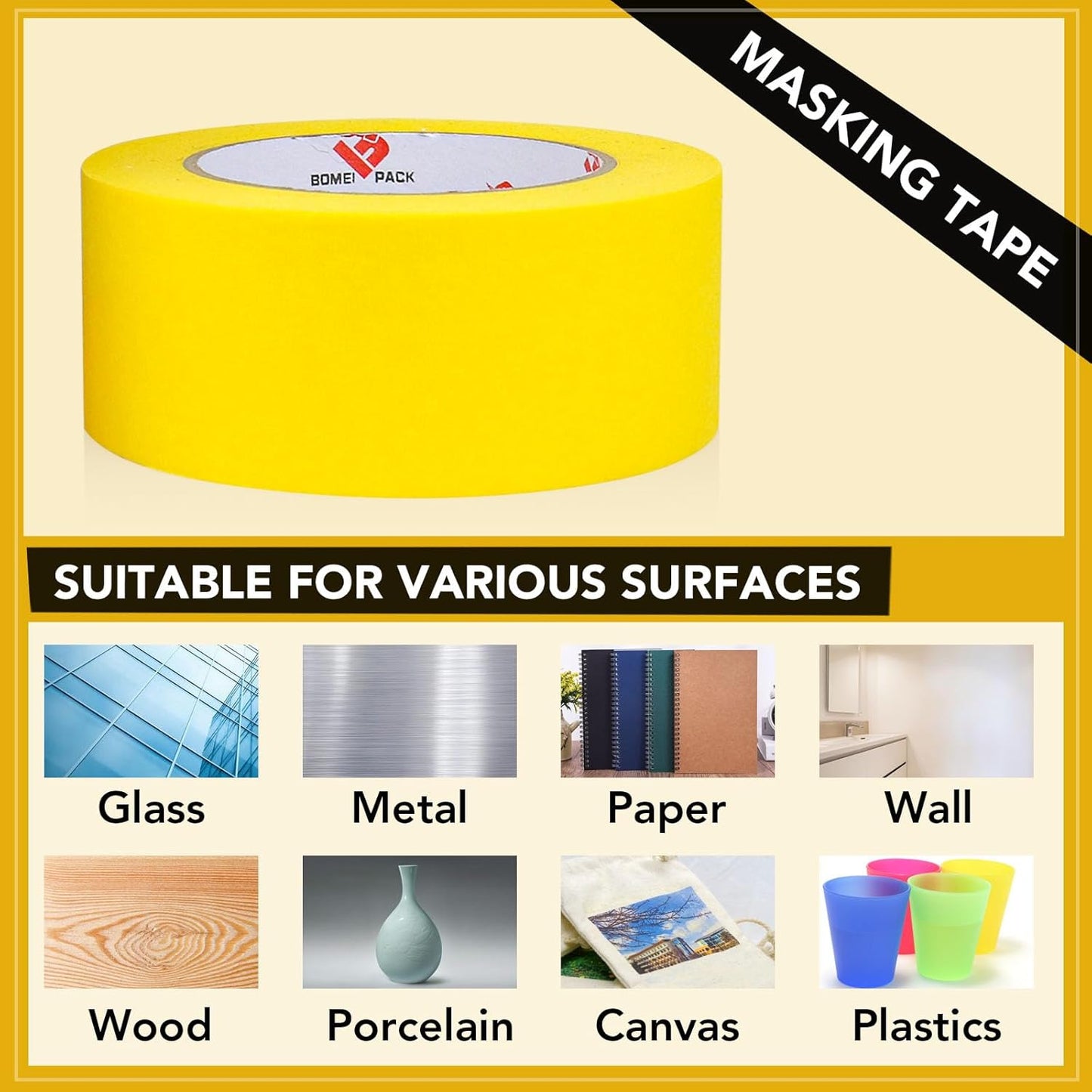 BOMEI PACK 10 Rolls Painters Tape 2 inch Wide, Painter's Tape Yellow Masking Tape 2 inch x 55 Yards for Walls Painting, Home Improvement and School Projects, Total 550 Yards