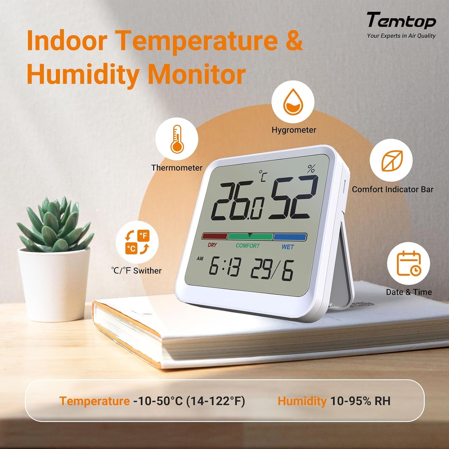 Temtop Indoor Thermometer Hygrometer, Precision Digital Temp/Humidity Monitor with Magnet & 3M Sticker, Date & Time, Wall/Magnet/Stand Mount, for Home, Office, Nursery, T1-SE