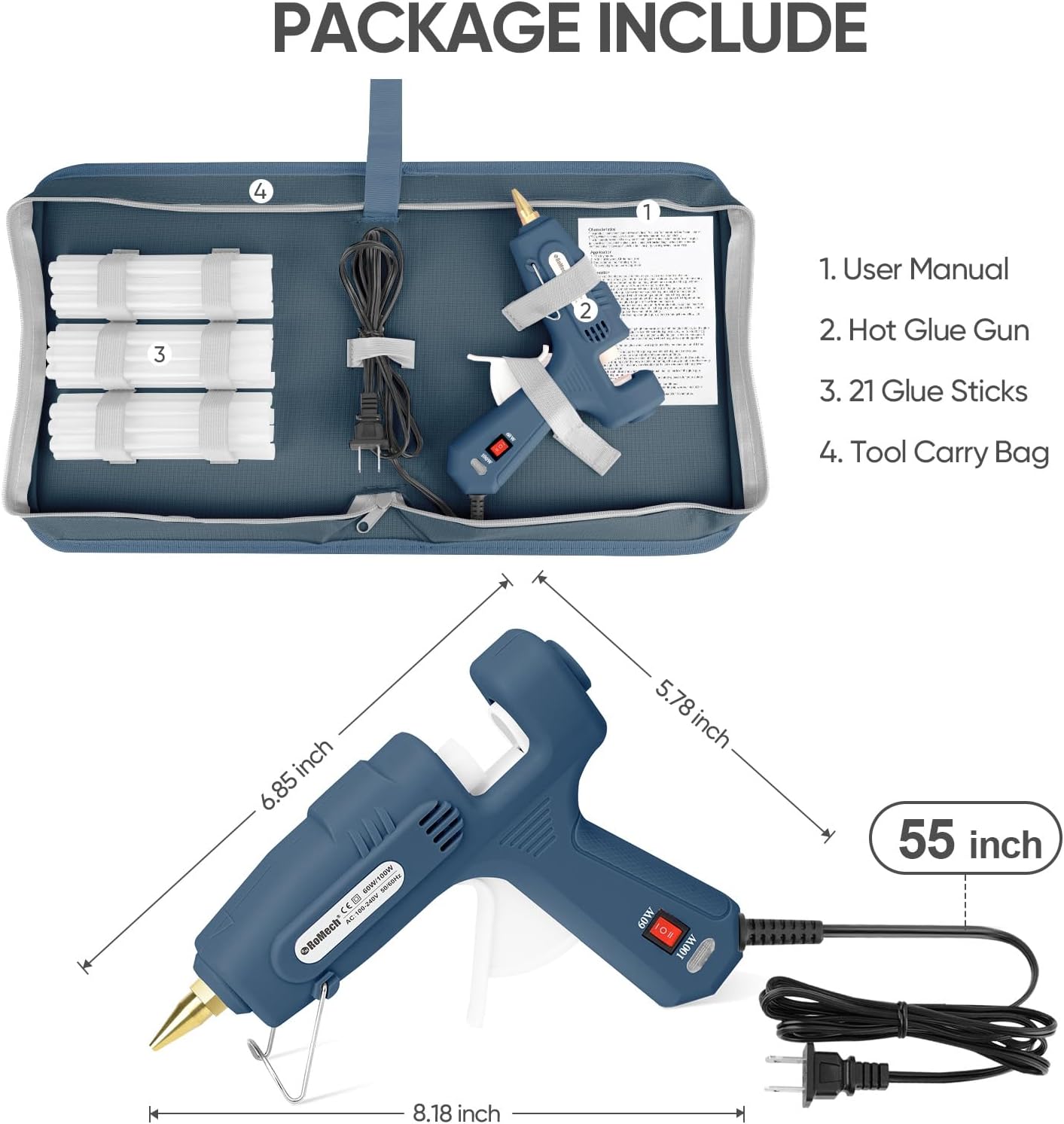 ROMECH Full Size Hot Glue Gun with 60/100W Dual Power and 21 Hot Glue Sticks (7/16"), Fast Preheating Heavy Duty Industrial Gluegun with Storage Case for Crafting, DIY and Repairs (Blue)