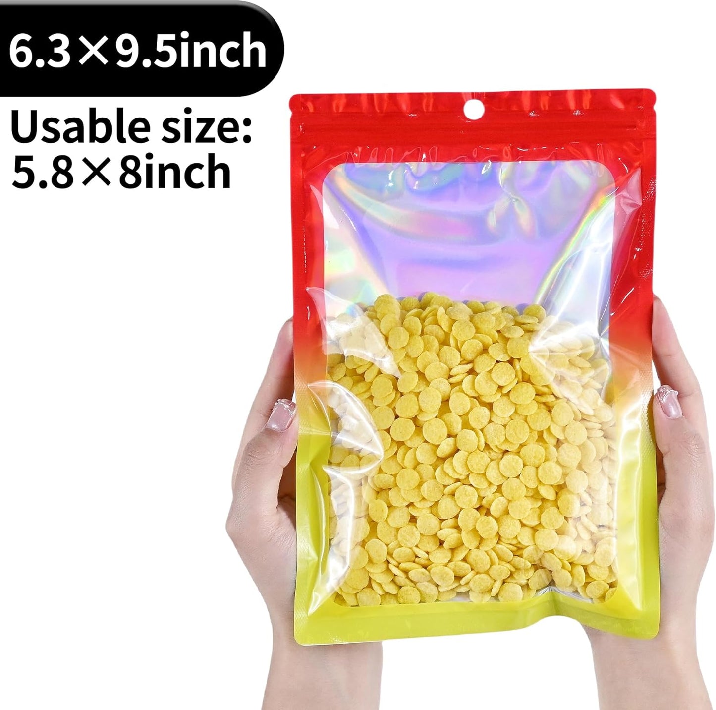 Resealable Mylar Pouch Bag Great for Office Home Party Favor Food Storage (100PCS, Red and Yellow Color, 6.3 x 9.5 inch)