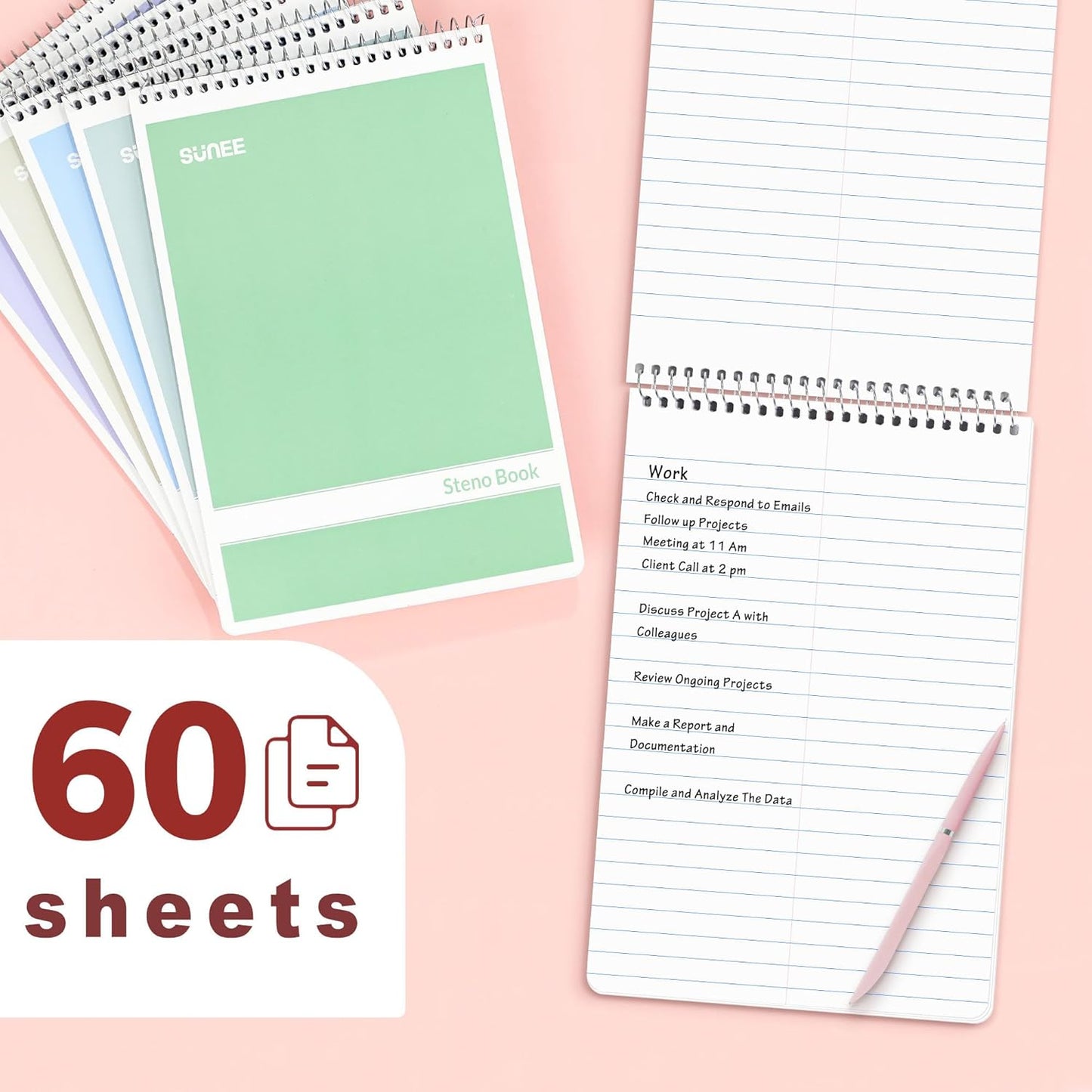 SUNEE 12 Pack Steno Pads 6x9, Gregg Rule, 60 Sheets, 6 Assorted Color Spiral Notebook 6x9, White Paper, Take Notes with Top Spiral Notebook, for School, University, College, Work, Office