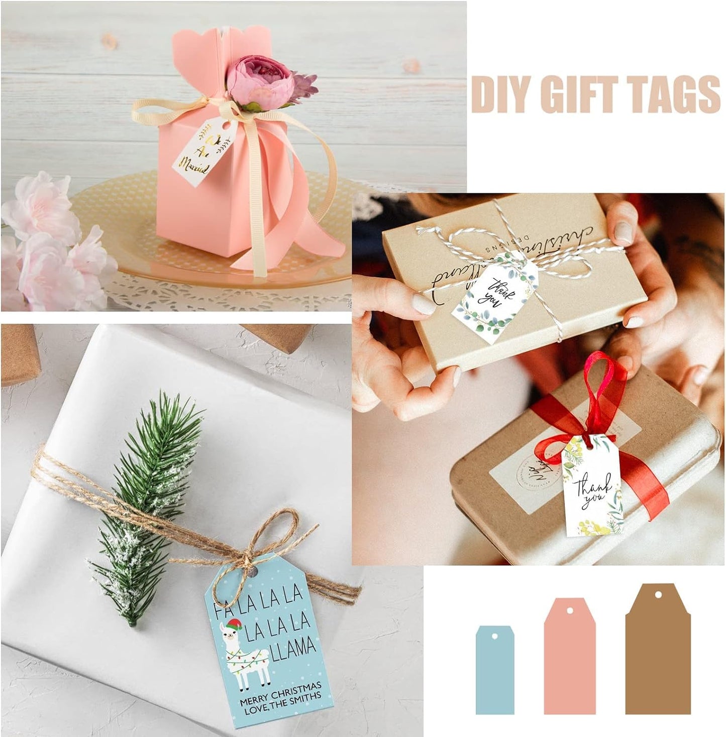 3 in 1 Craft Tag Punch Gift Tag Paper Punch，Paper Craft Tag Punch 1.5" 2" 2.5" with 1 Roll Hemp Rope 32.8 Feet Square Shape Small Hole Punch for Paper Crafting Scrapbooking Cards DIY Arts Crafts