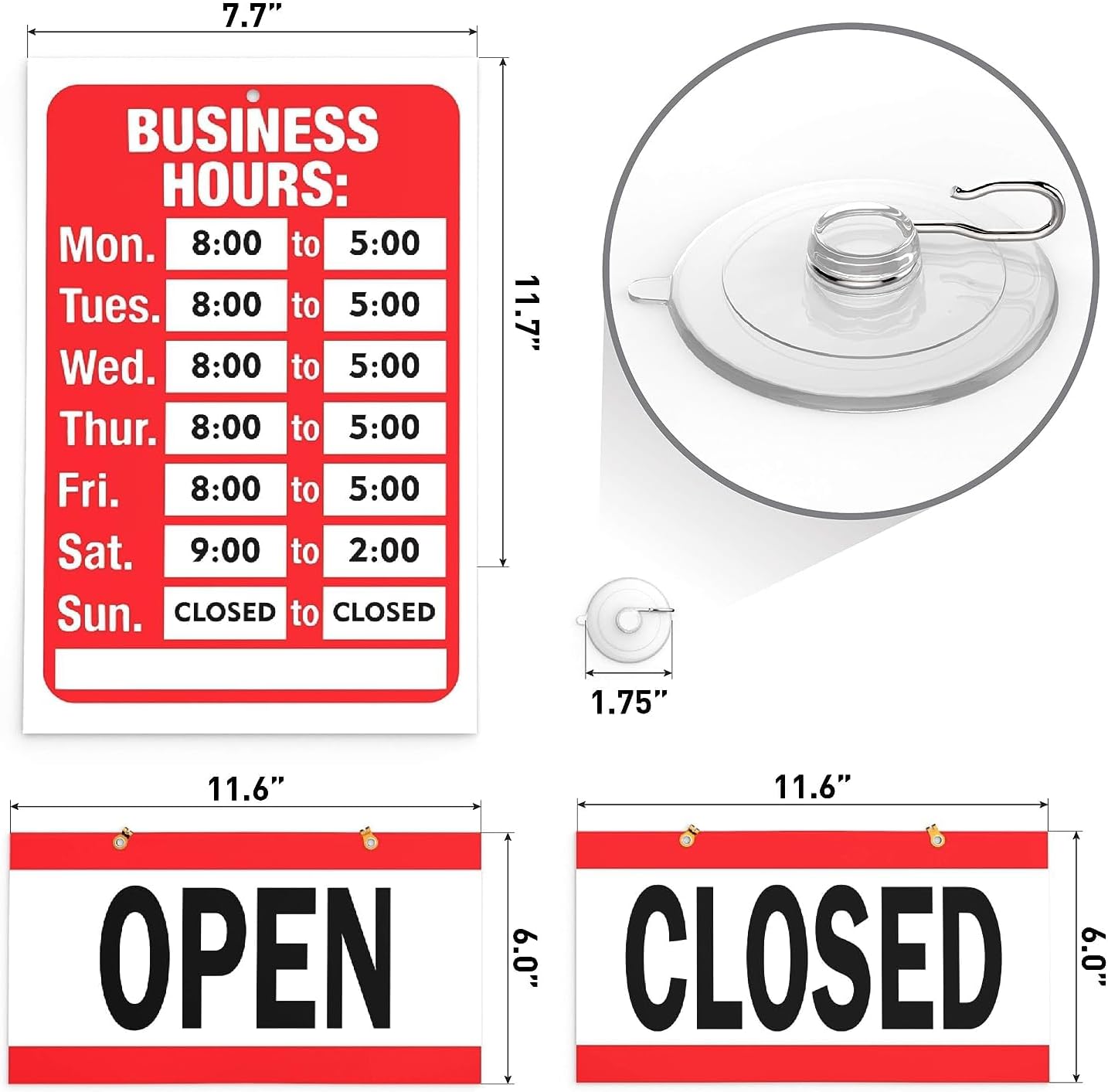 Open Closed Sign for Business - Ideal Office Hours Sign for Glass Door or Window - Bright Red and White Colors - Includes 4 Double Sided Adhesive Pads and a Black Number Sticker Set - Perfect Open and Closed Signs for any Store