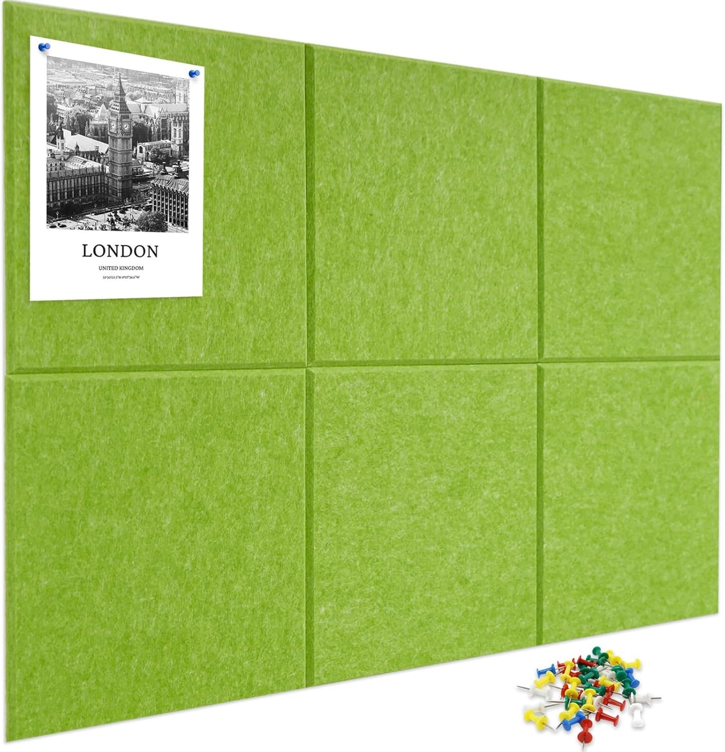 Large Cork Board for Wall 6 Pack, Bulletin Board 36" X 24", Felt Board Wall Tiles with 72 Damage-Free Removable Pads & Push Pins, Alternative Pin Board Cork Board for Office Home, Green