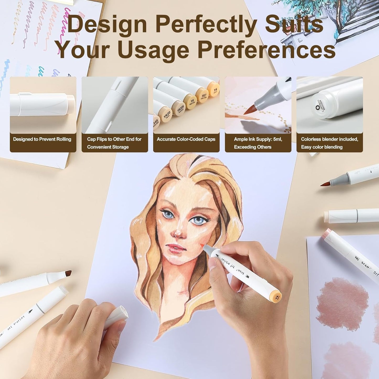 SFAIH Light Skin Tone Marker Pens 11 Colors + Mixed Color 0 - Dual Brush & Fine Tips Art Marker Set for Portraits Coloring Drawing